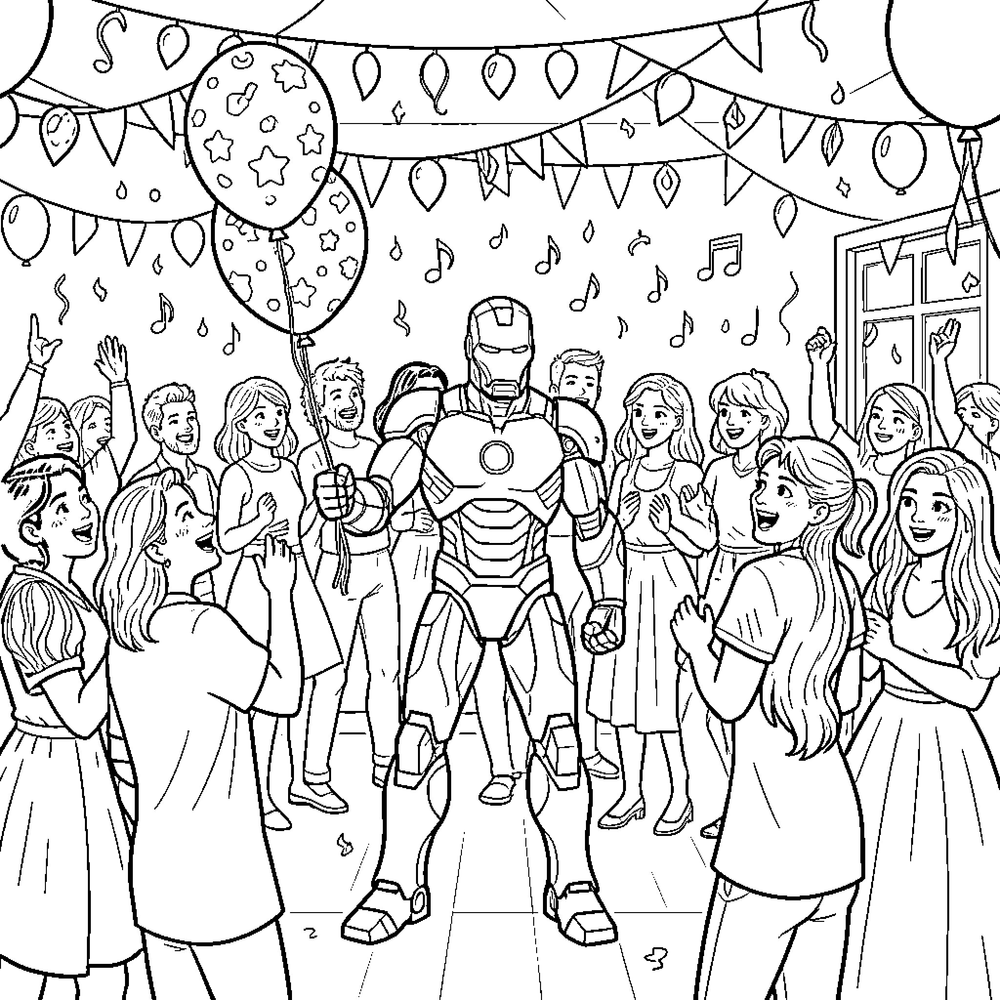 Iron Man attending a lively party with friends Coloring Page (free black-and-white line drawing printable PDF for all, from beginners to advanced learners, including children, teens, adults, and seniors)
