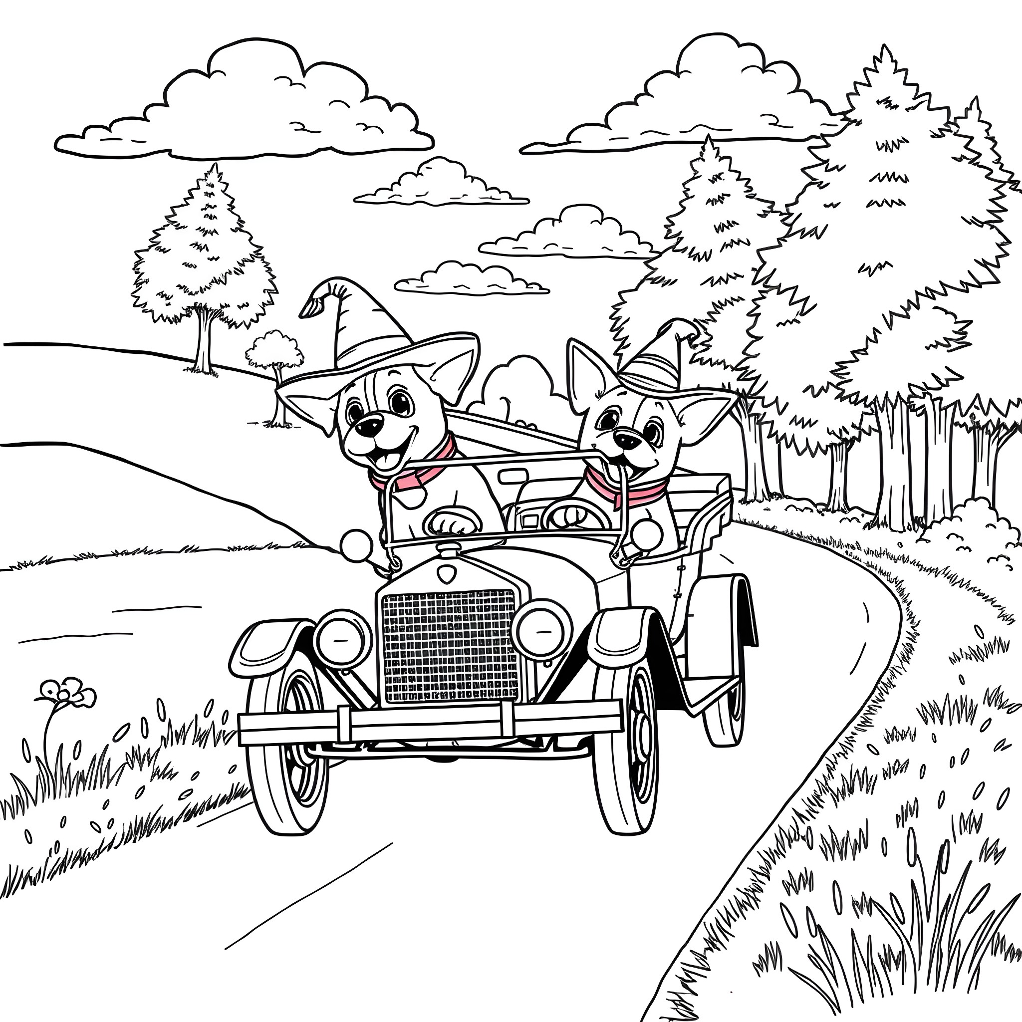 Dog couple driving vintage car in nature Coloring Page (free black-and-white line drawing printable PDF for all, from beginners to advanced learners, including children, teens, adults, and seniors)