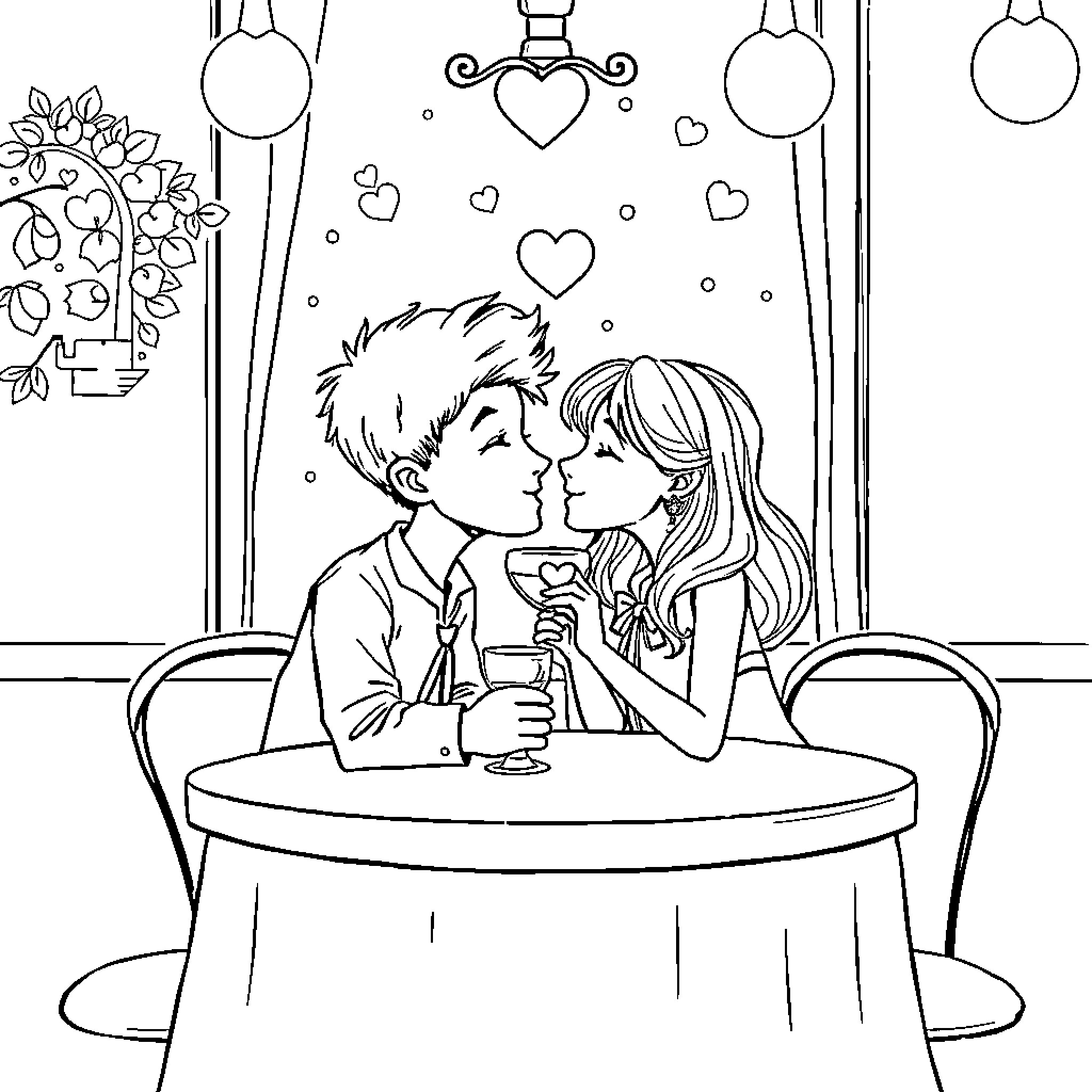 Boy and Girl Sharing a Romantic Moment Coloring Page (free black-and-white line drawing printable PDF for all, from beginners to advanced learners, including children, teens, adults, and seniors)