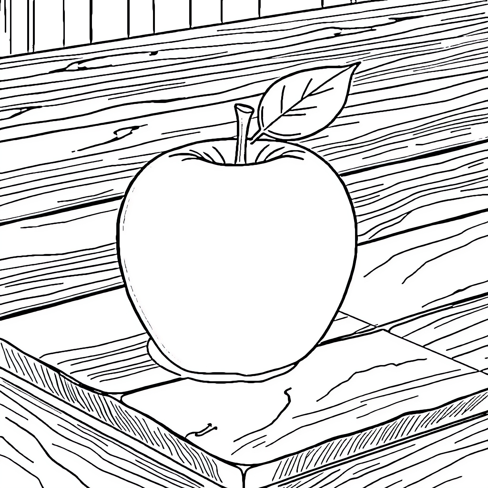 Apple sitting on wooden plank Coloring Page (free black-and-white line drawing printable PDF for all, from beginners to advanced learners, including children, teens, adults, and seniors)