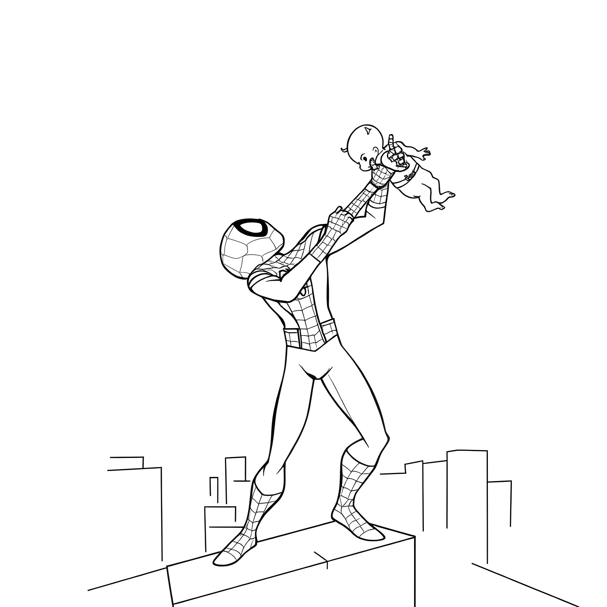 Spiderman swinging through the city Coloring Page (free black-and-white line drawing printable PDF for all, from beginners to advanced learners, including children, teens, adults, and seniors)