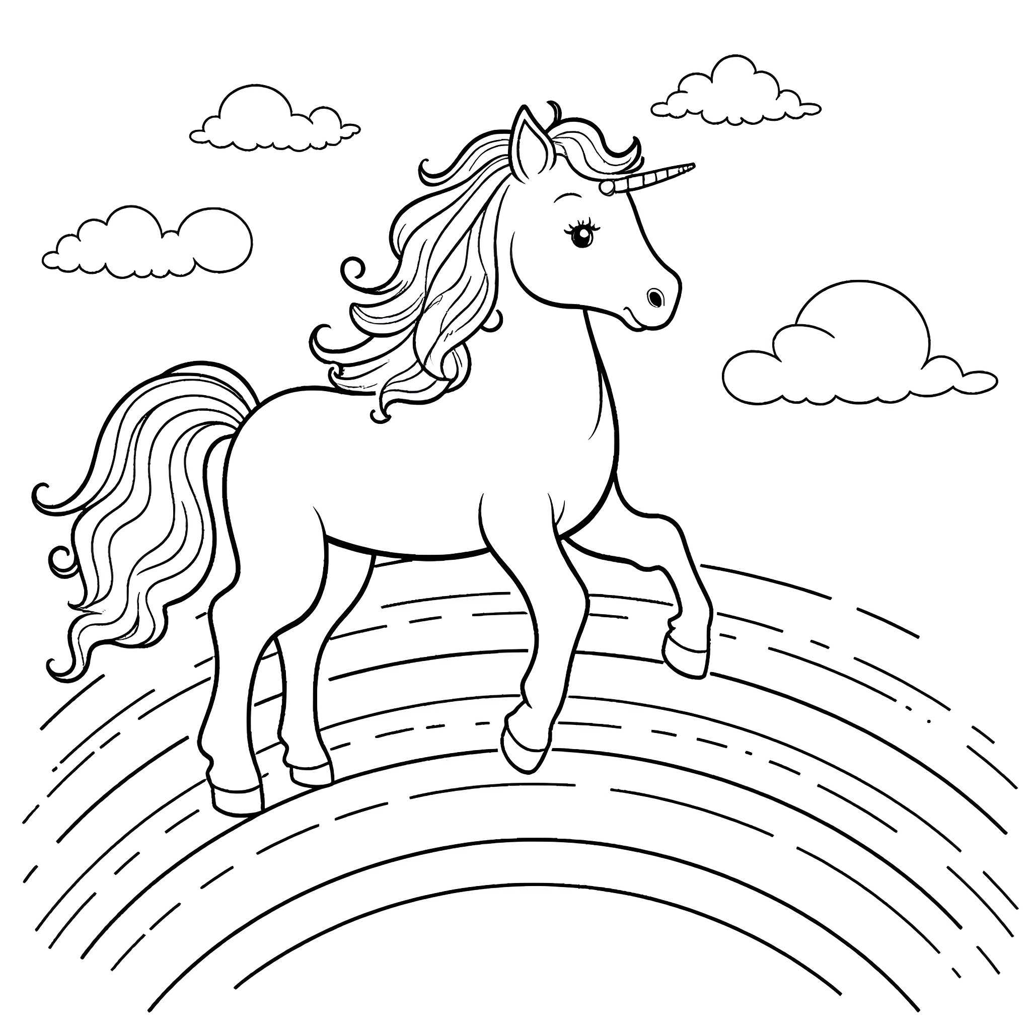 Unicorn prancing on a rainbow in the sky Coloring Page (free black-and-white line drawing printable PDF for all, from beginners to advanced learners, including children, teens, adults, and seniors)