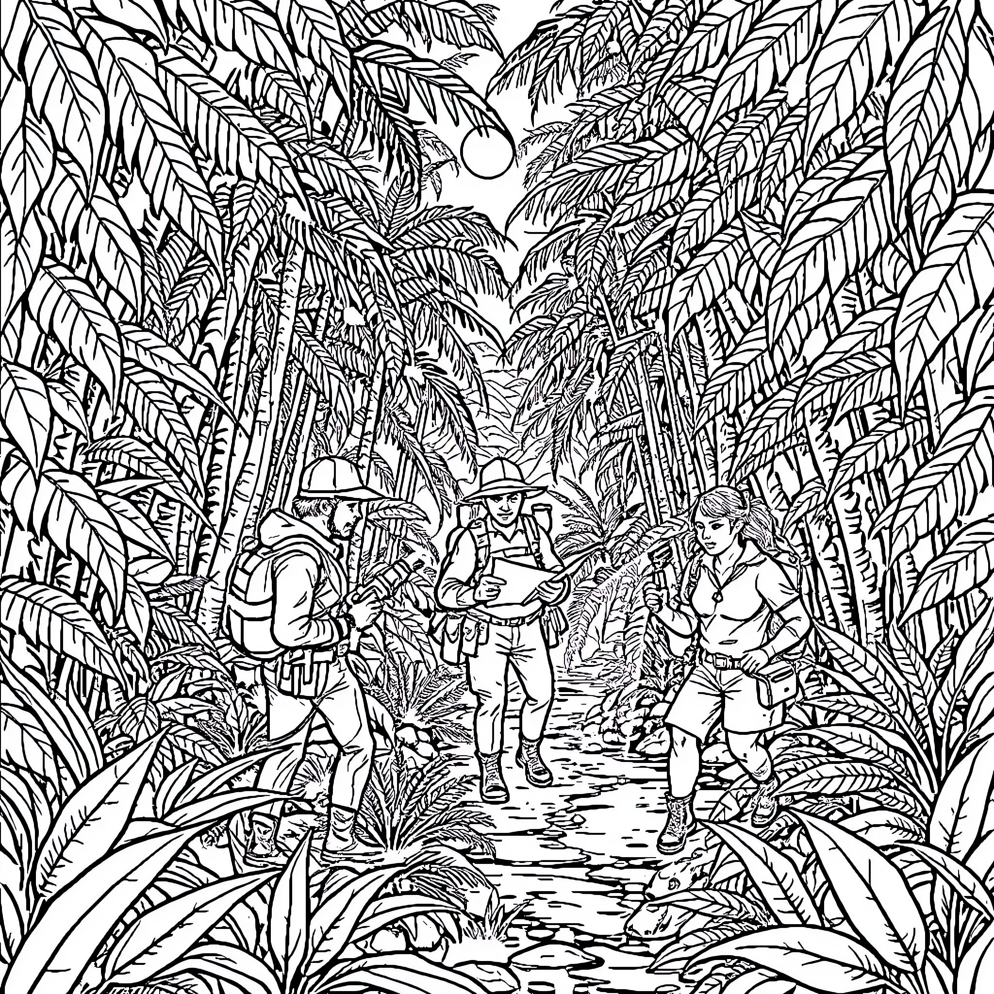 Explorer's Journey through the Lush Tropical Wilderness Coloring Page (free black-and-white line drawing printable PDF for all, from beginners to advanced learners, including children, teens, adults, and seniors)