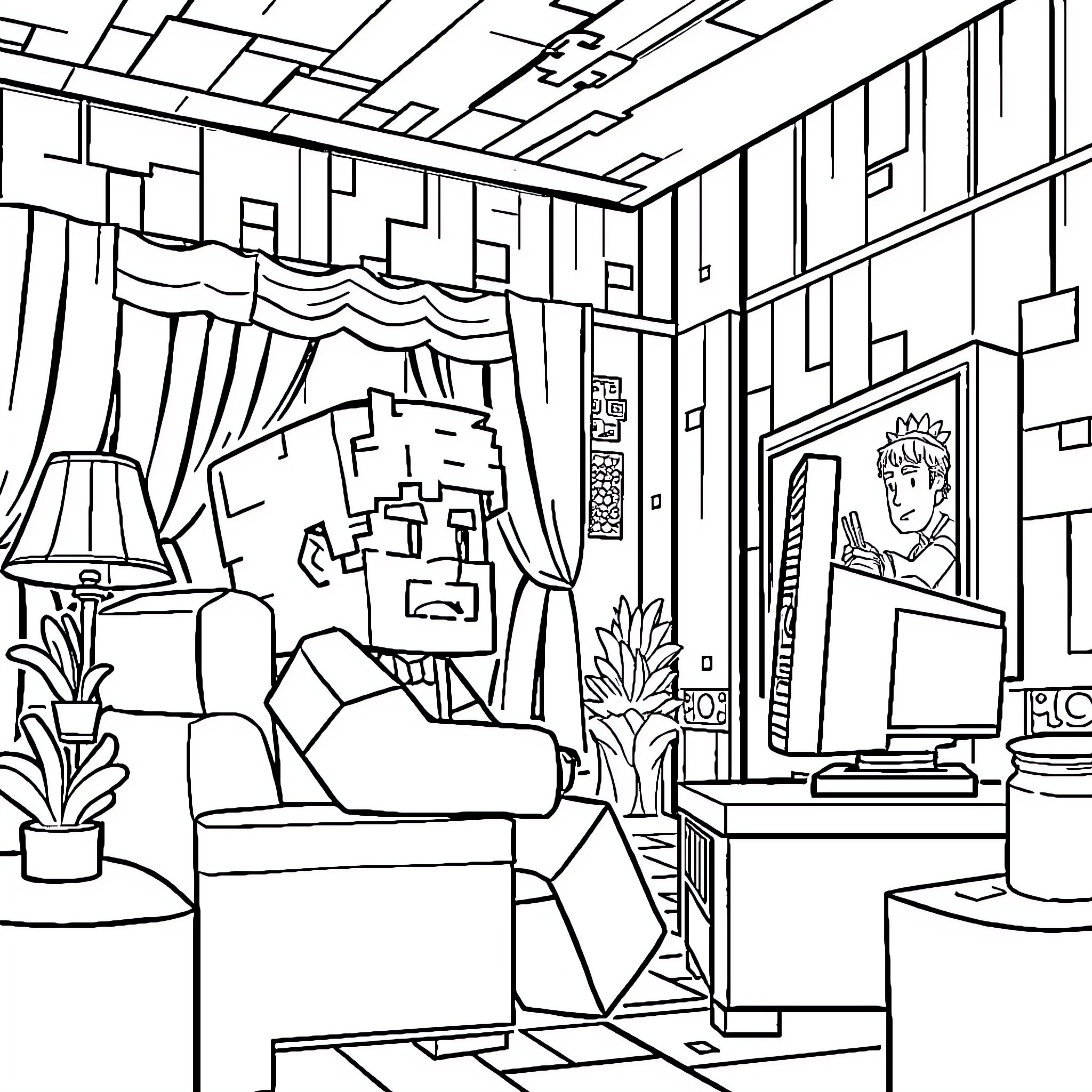 Minecraft bedroom with furniture and artwork Coloring Page (free black-and-white line drawing printable PDF for all, from beginners to advanced learners, including children, teens, adults, and seniors)