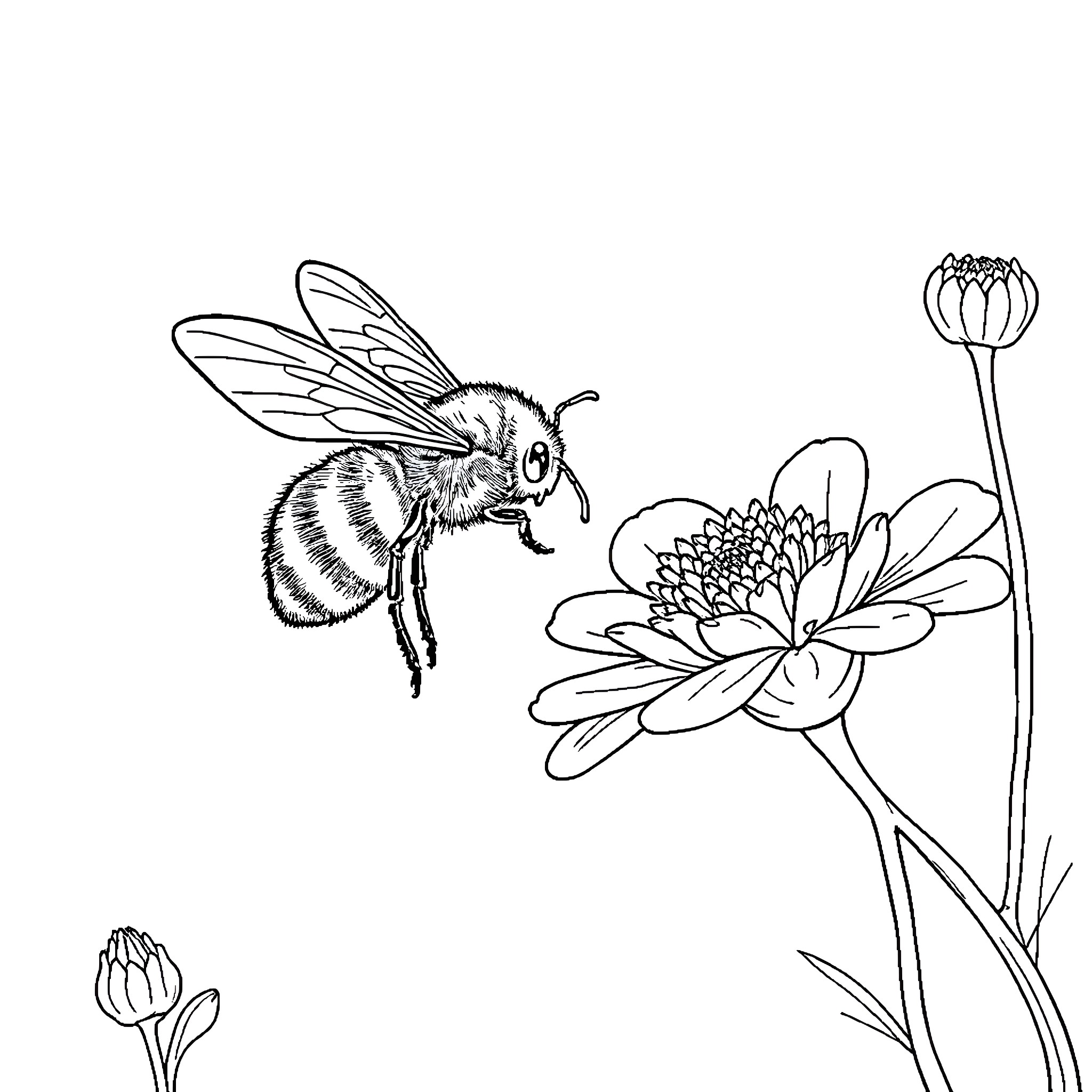 Bee visiting a flower Coloring Page (free black-and-white line drawing printable PDF for all, from beginners to advanced learners, including children, teens, adults, and seniors)