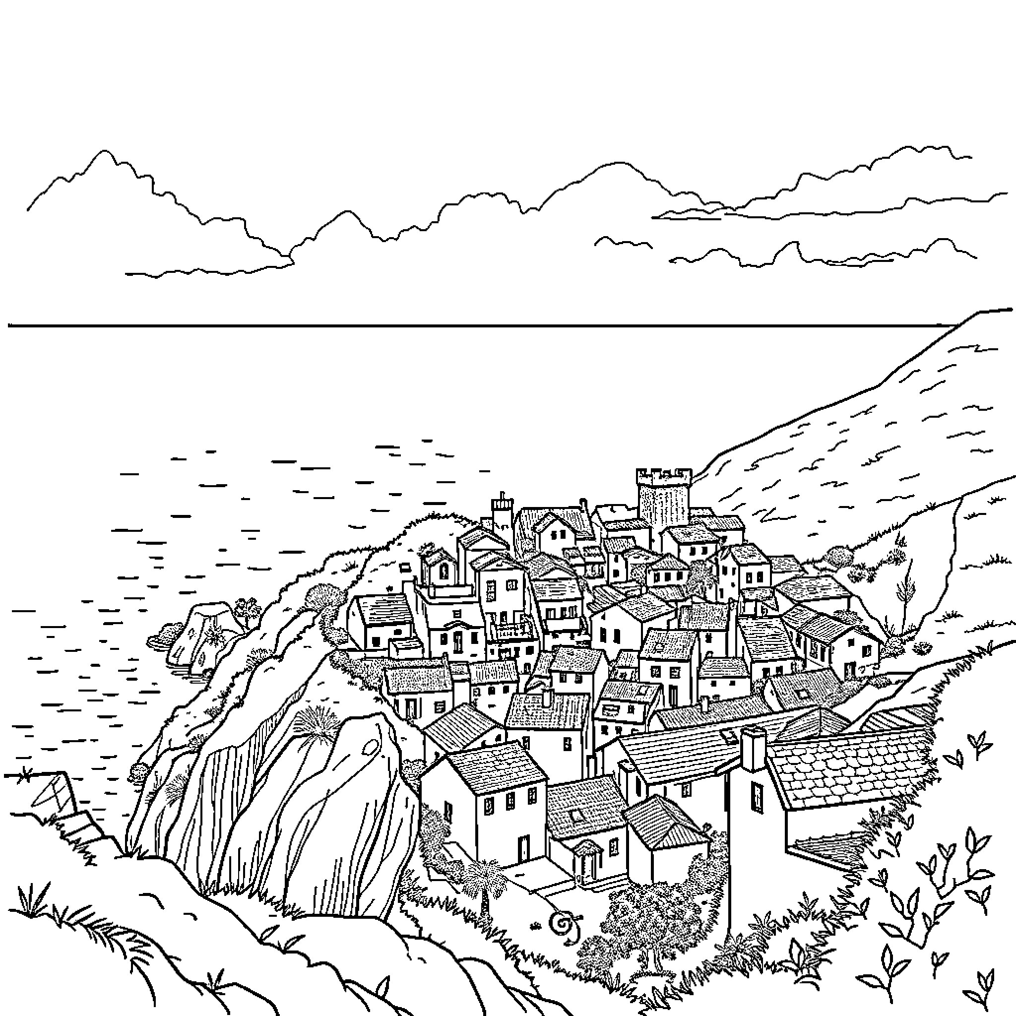 Village Perched on a Cliff Overlooking the Sea Coloring Page (free black-and-white line drawing printable PDF for all, from beginners to advanced learners, including children, teens, adults, and seniors)