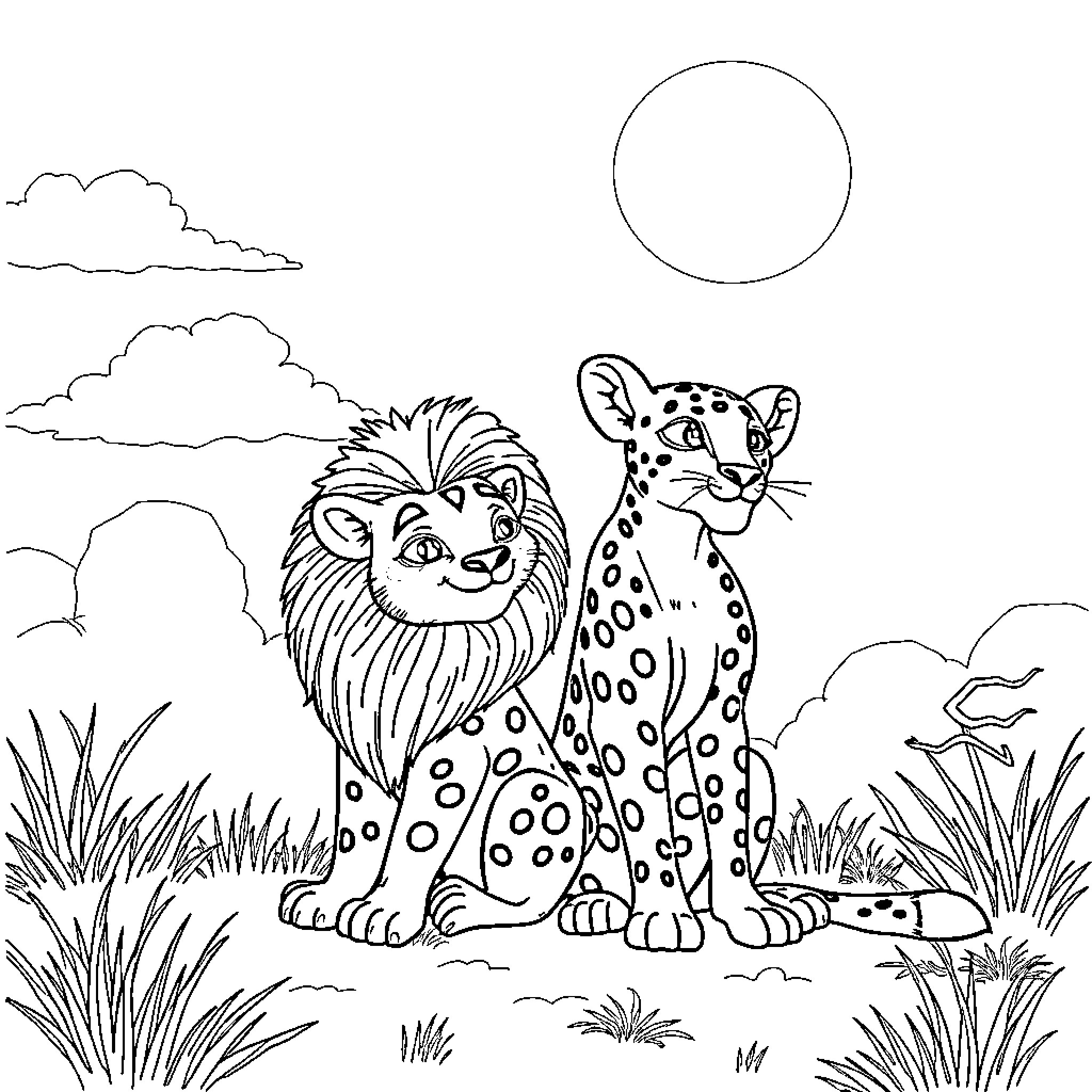 Kobu's Colorful Companions in the Wild Coloring Page (free black-and-white line drawing printable PDF for all, from beginners to advanced learners, including children, teens, adults, and seniors)