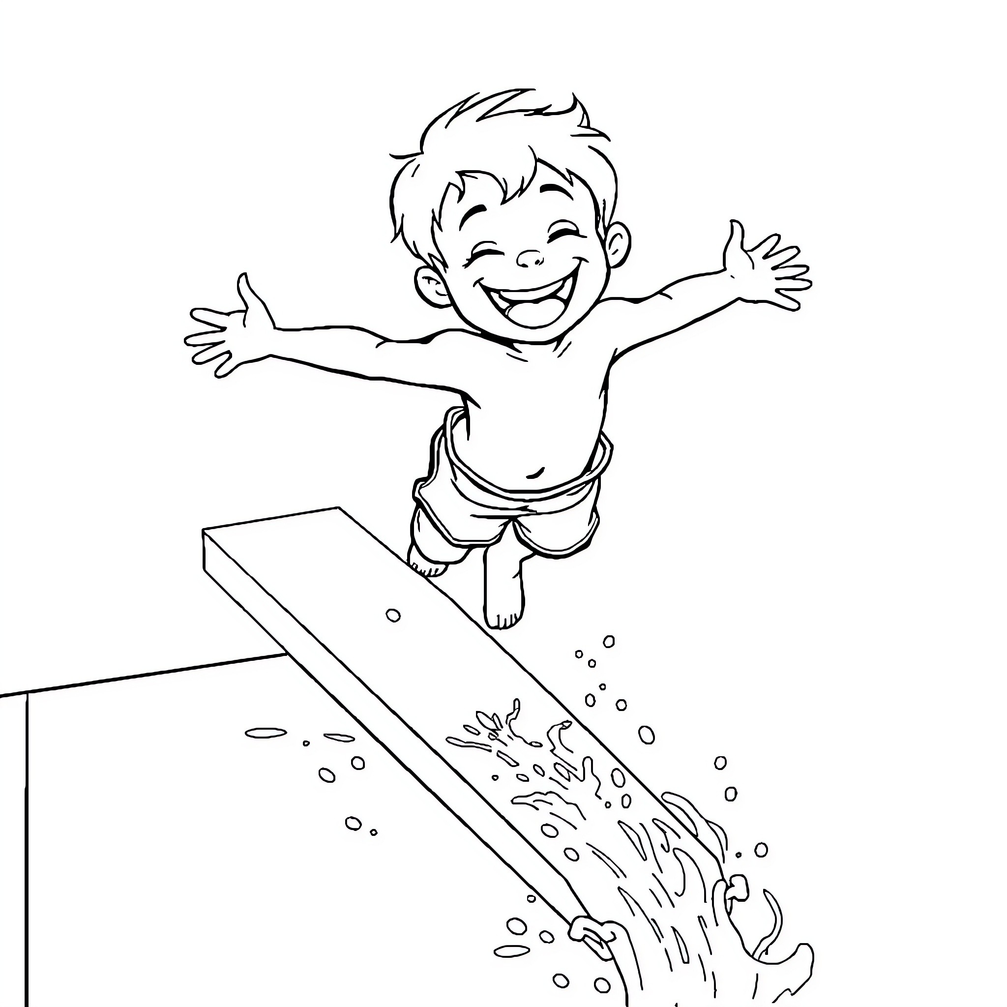Boy enjoying a splash in the water Coloring Page (free black-and-white line drawing printable PDF for all, from beginners to advanced learners, including children, teens, adults, and seniors)