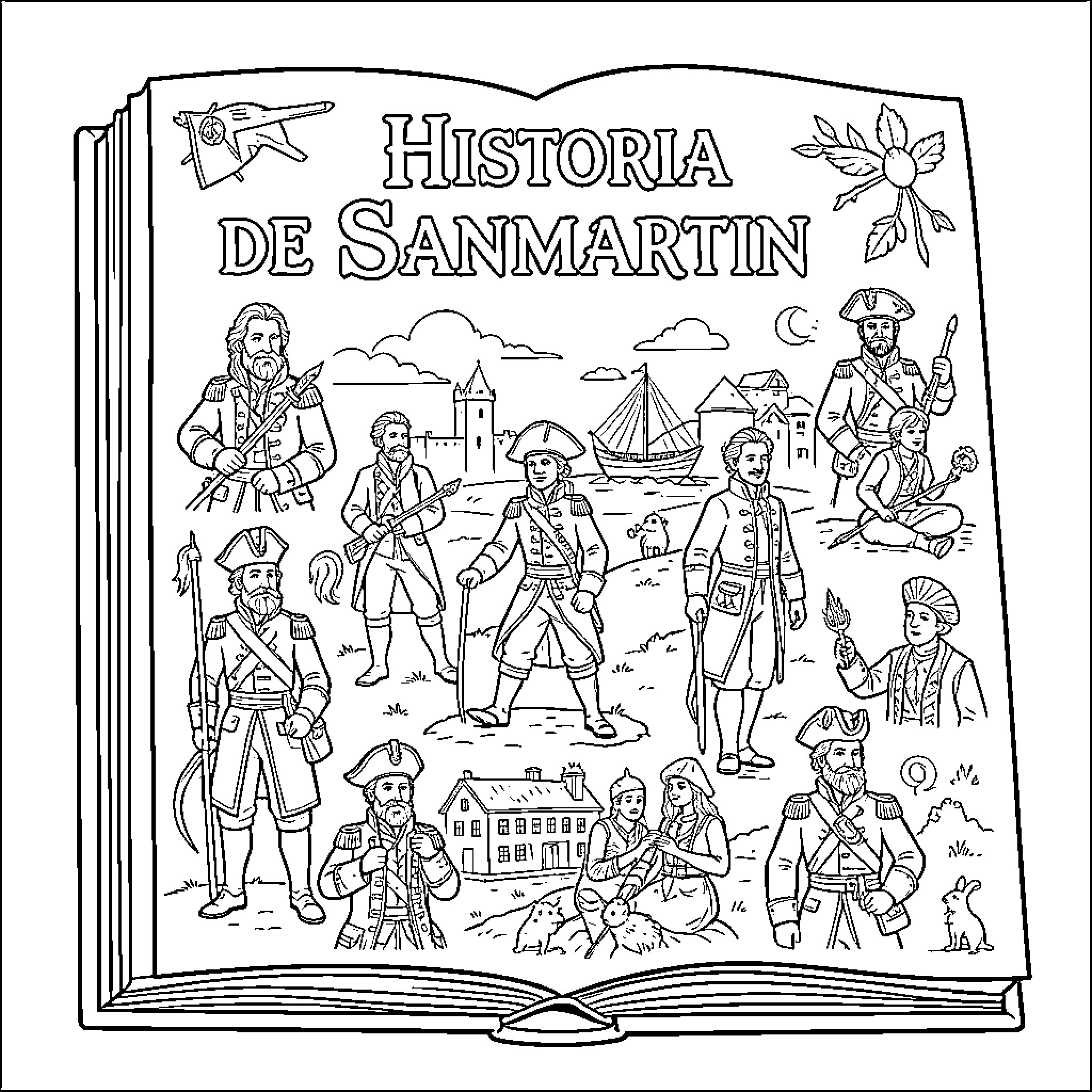 San Martin depicted in various historical military scenes Coloring Page (free black-and-white line drawing printable PDF for all, from beginners to advanced learners, including children, teens, adults, and seniors)