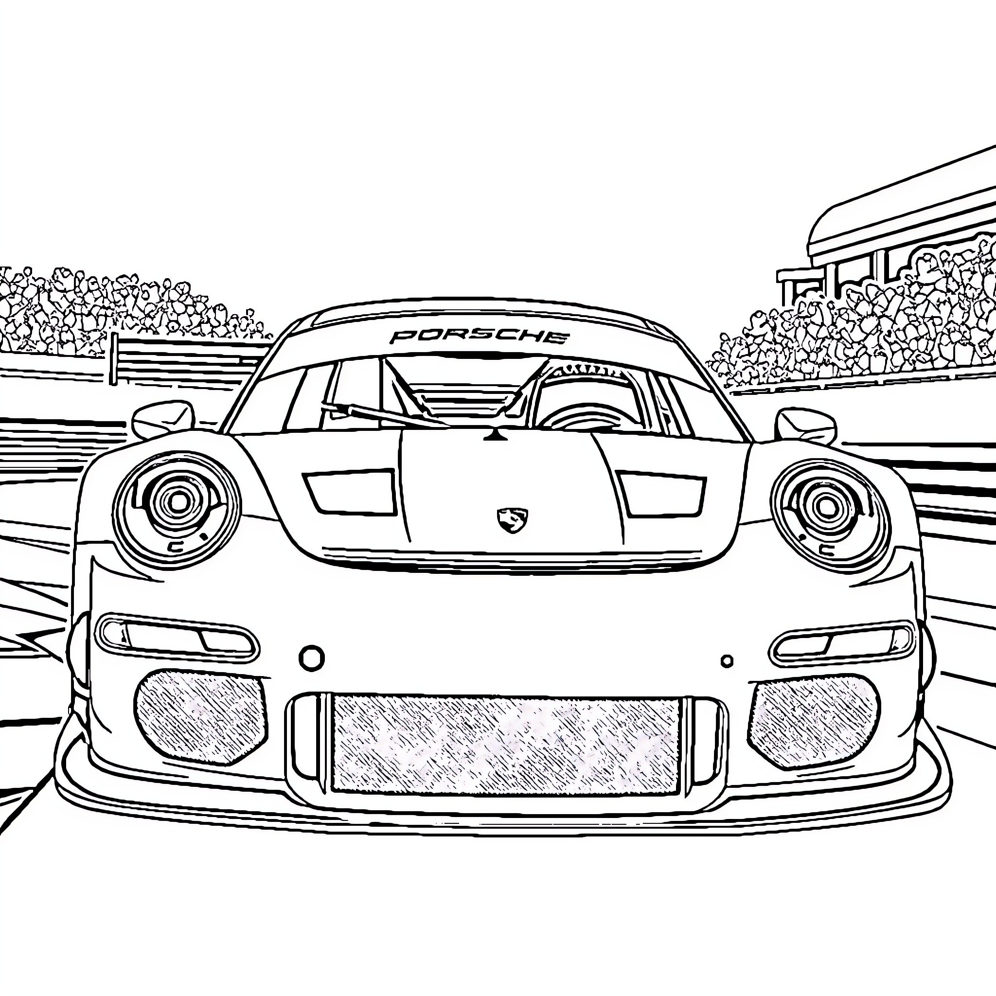 Porsche racing car on the track Coloring Page (free black-and-white line drawing printable PDF for all, from beginners to advanced learners, including children, teens, adults, and seniors)