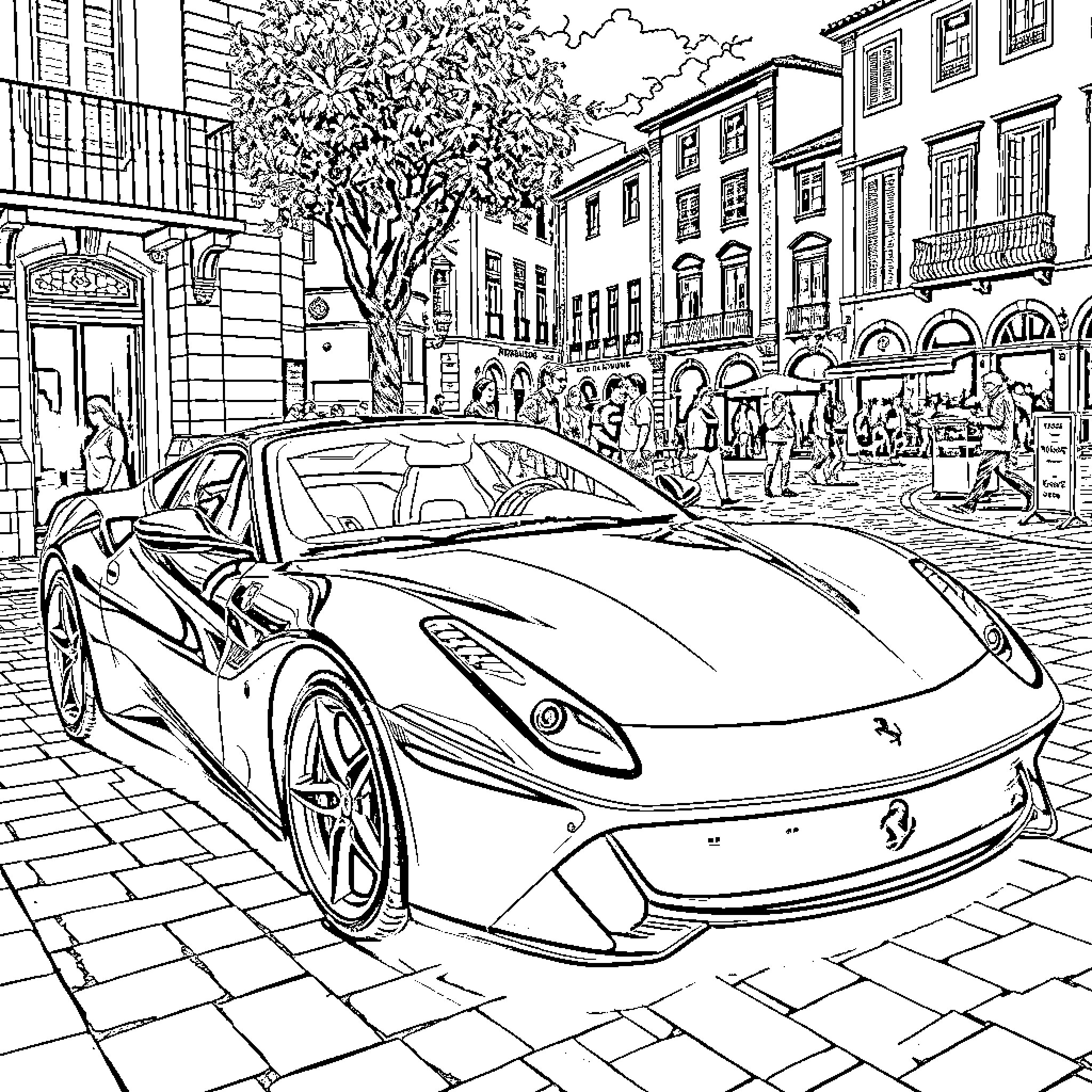 Ferrari Sports Car in European City Setting Coloring Page (free black-and-white line drawing printable PDF for all, from beginners to advanced learners, including children, teens, adults, and seniors)