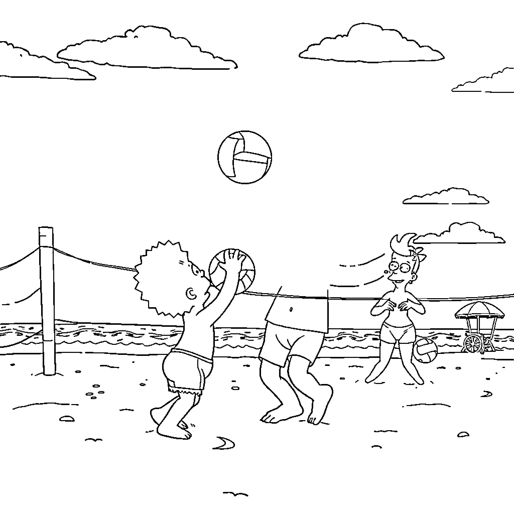 Simpsons characters playing beach volleyball Coloring Page (free black-and-white line drawing printable PDF for all, from beginners to advanced learners, including children, teens, adults, and seniors)