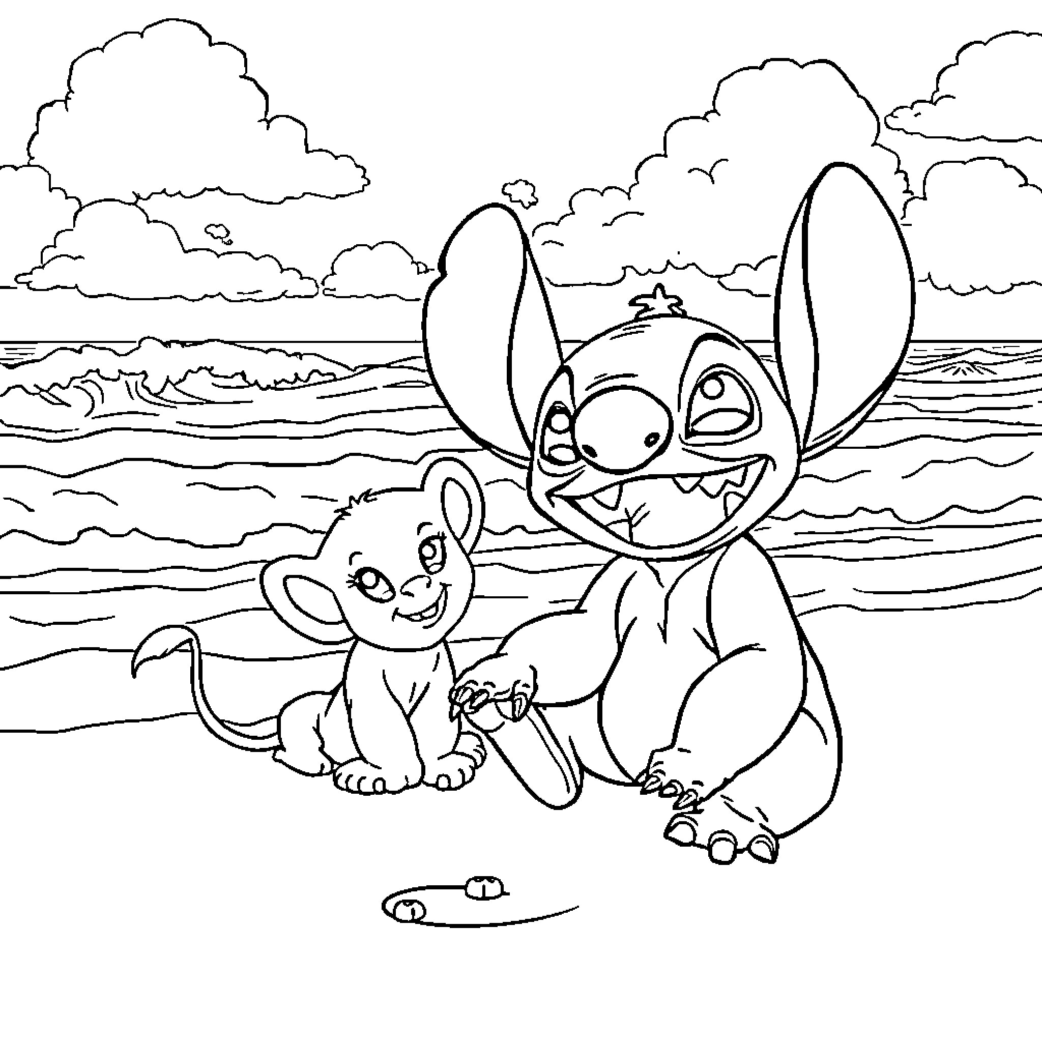 Stitch and Scrump play on the beach Coloring Page (free black-and-white line drawing printable PDF for all, from beginners to advanced learners, including children, teens, adults, and seniors)