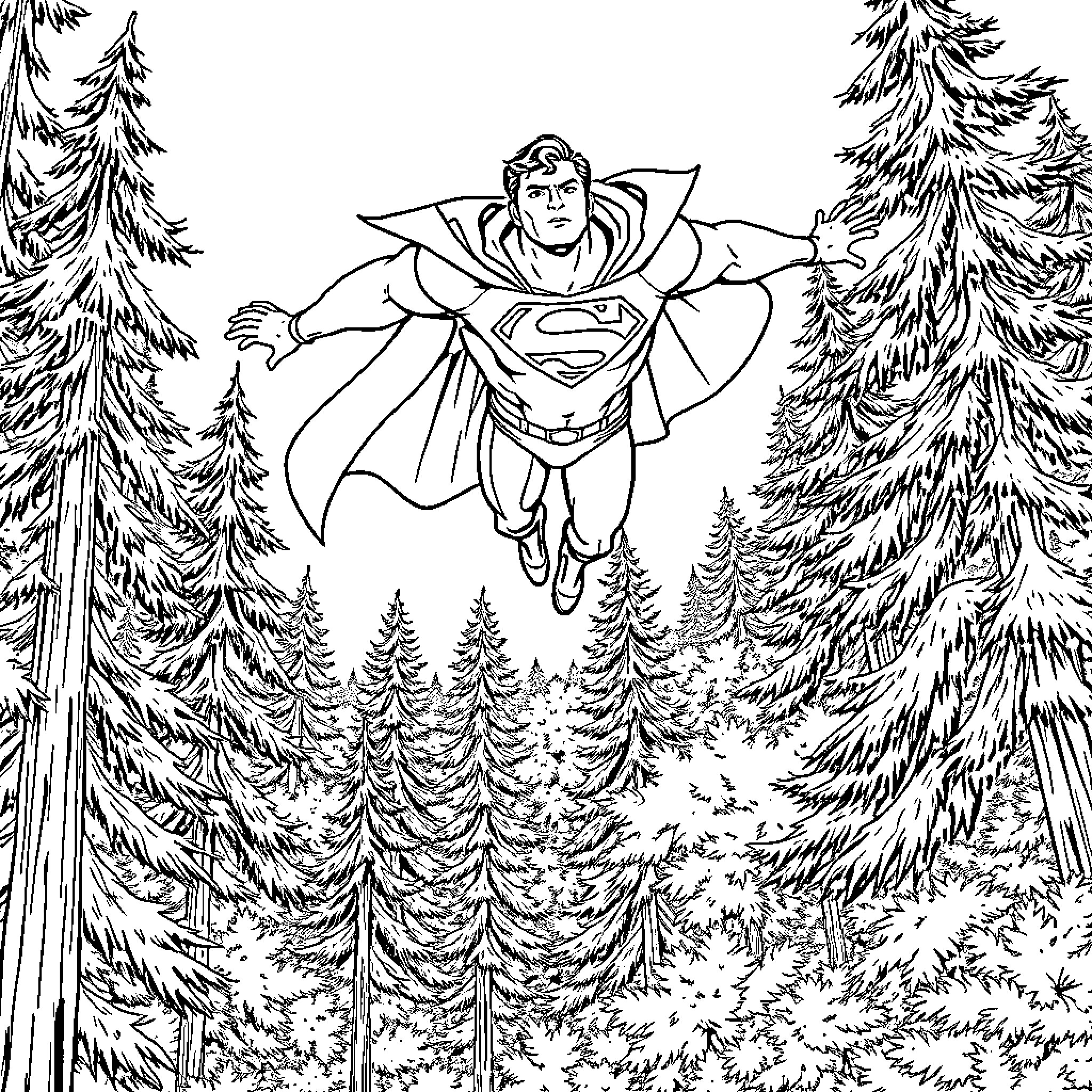Superman soaring through a snowy forest Coloring Page (free black-and-white line drawing printable PDF for all, from beginners to advanced learners, including children, teens, adults, and seniors)