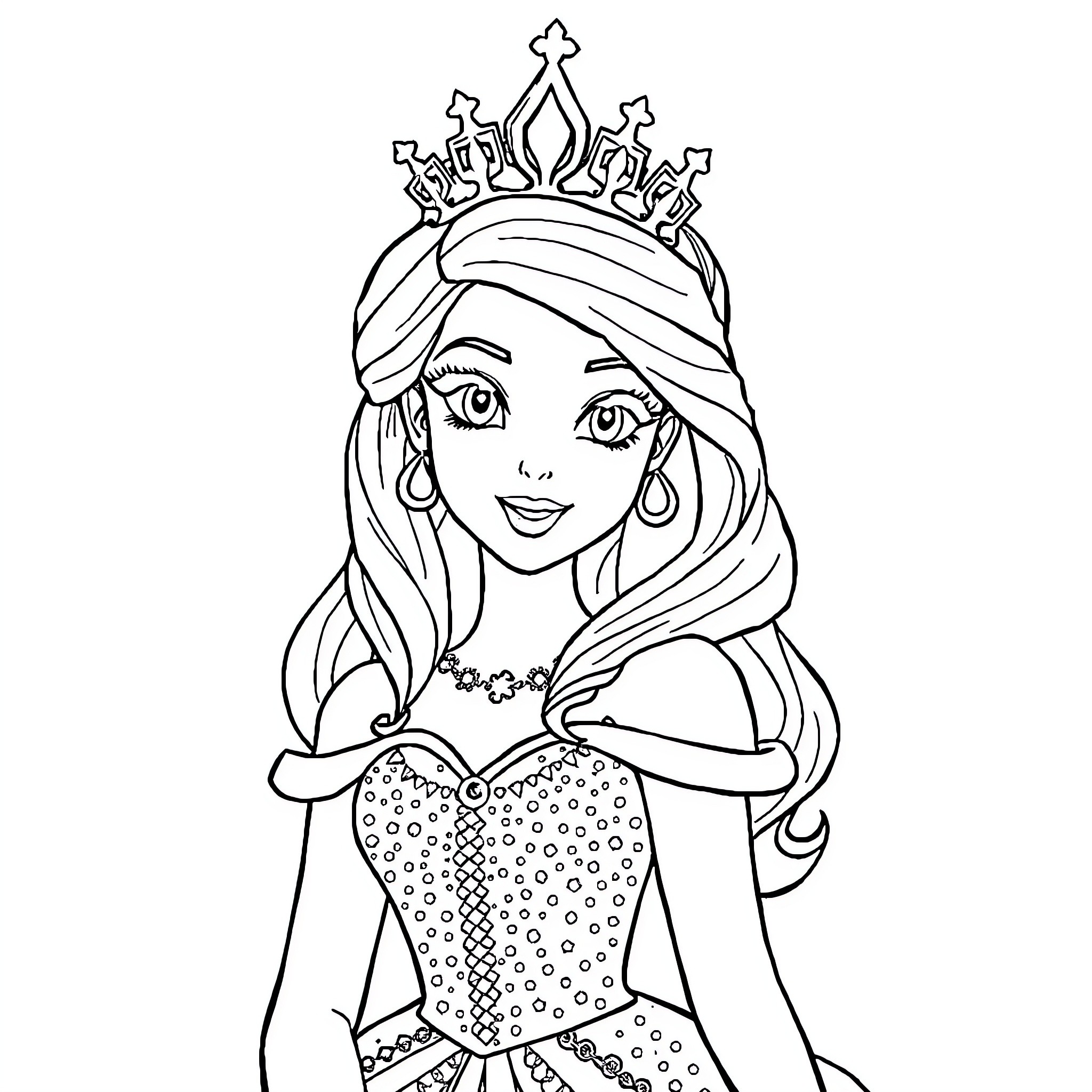 Princess in Regal Attire with Sparkling Crown Coloring Page (free black-and-white line drawing printable PDF for all, from beginners to advanced learners, including children, teens, adults, and seniors)