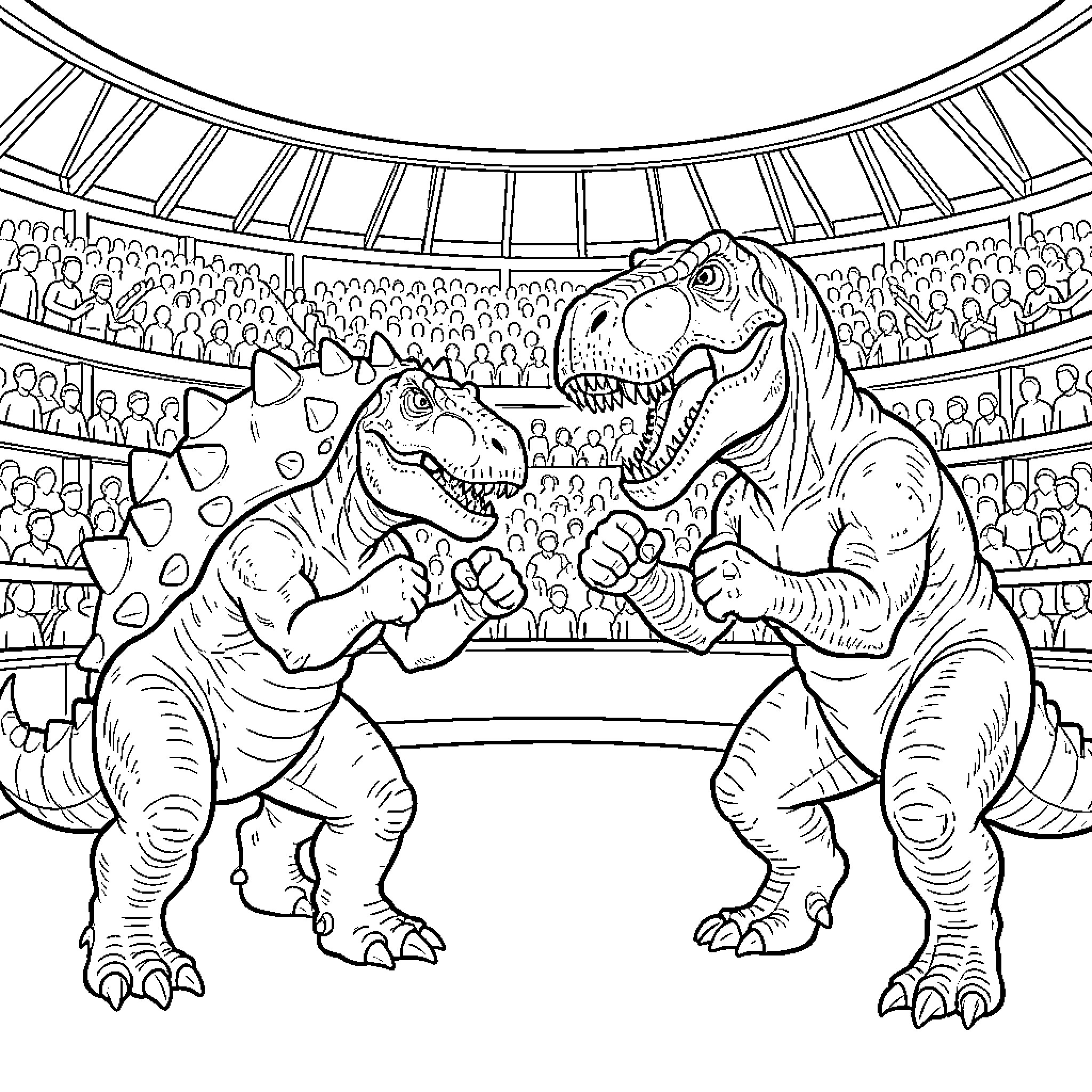 Dinosaur fighting in a crowded sports arena Coloring Page (free black-and-white line drawing printable PDF for all, from beginners to advanced learners, including children, teens, adults, and seniors)
