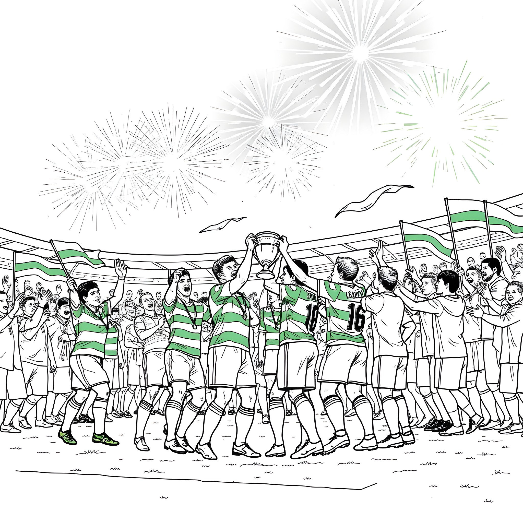 Celtic FC team celebrating championship victory Coloring Page (free black-and-white line drawing printable PDF for all, from beginners to advanced learners, including children, teens, adults, and seniors)