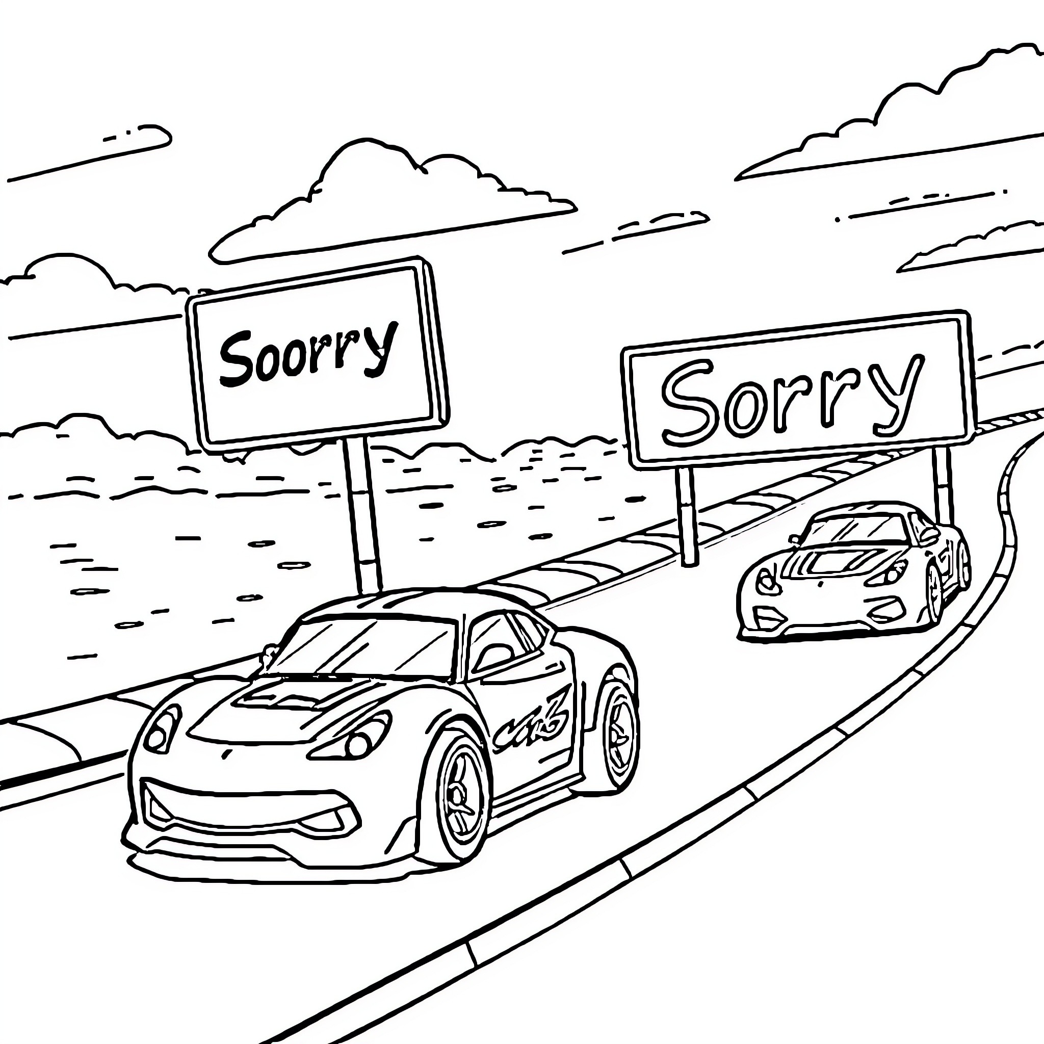 Hotwheels cars racing on road with 'Sorry' signs Coloring Page (free black-and-white line drawing printable PDF for all, from beginners to advanced learners, including children, teens, adults, and seniors)