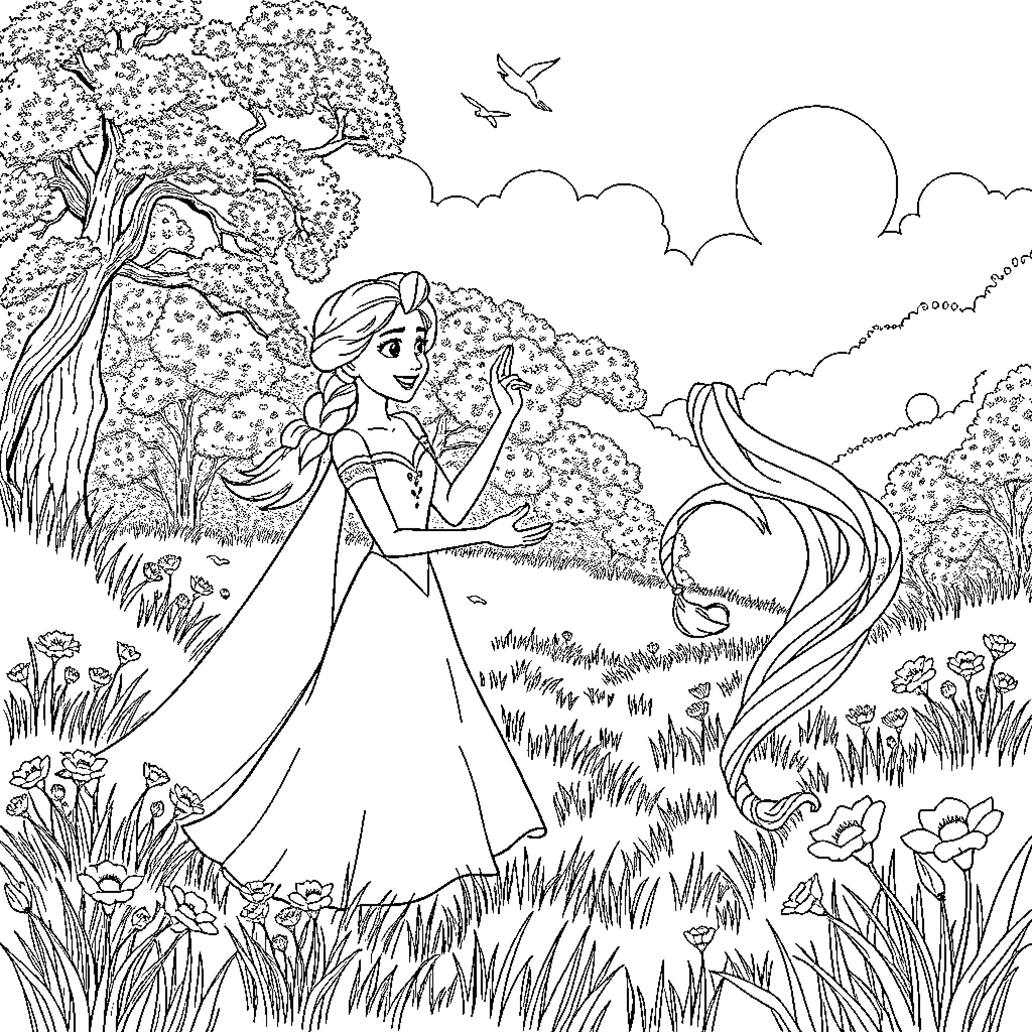 Elsa enjoying a peaceful day in the enchanted forest Coloring Page (free black-and-white line drawing printable PDF for all, from beginners to advanced learners, including children, teens, adults, and seniors)
