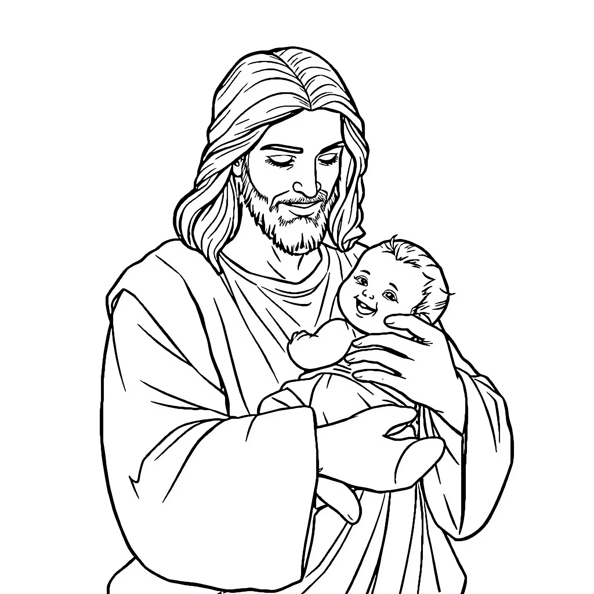 Jesus Embracing a Loving Child Coloring Page (free black-and-white line drawing printable PDF for all, from beginners to advanced learners, including children, teens, adults, and seniors)