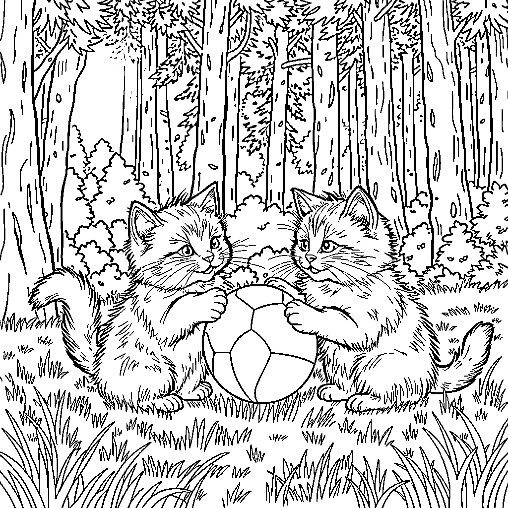 Cats playing with ball in the forest Coloring Page (free black-and-white line drawing printable PDF for all, from beginners to advanced learners, including children, teens, adults, and seniors)