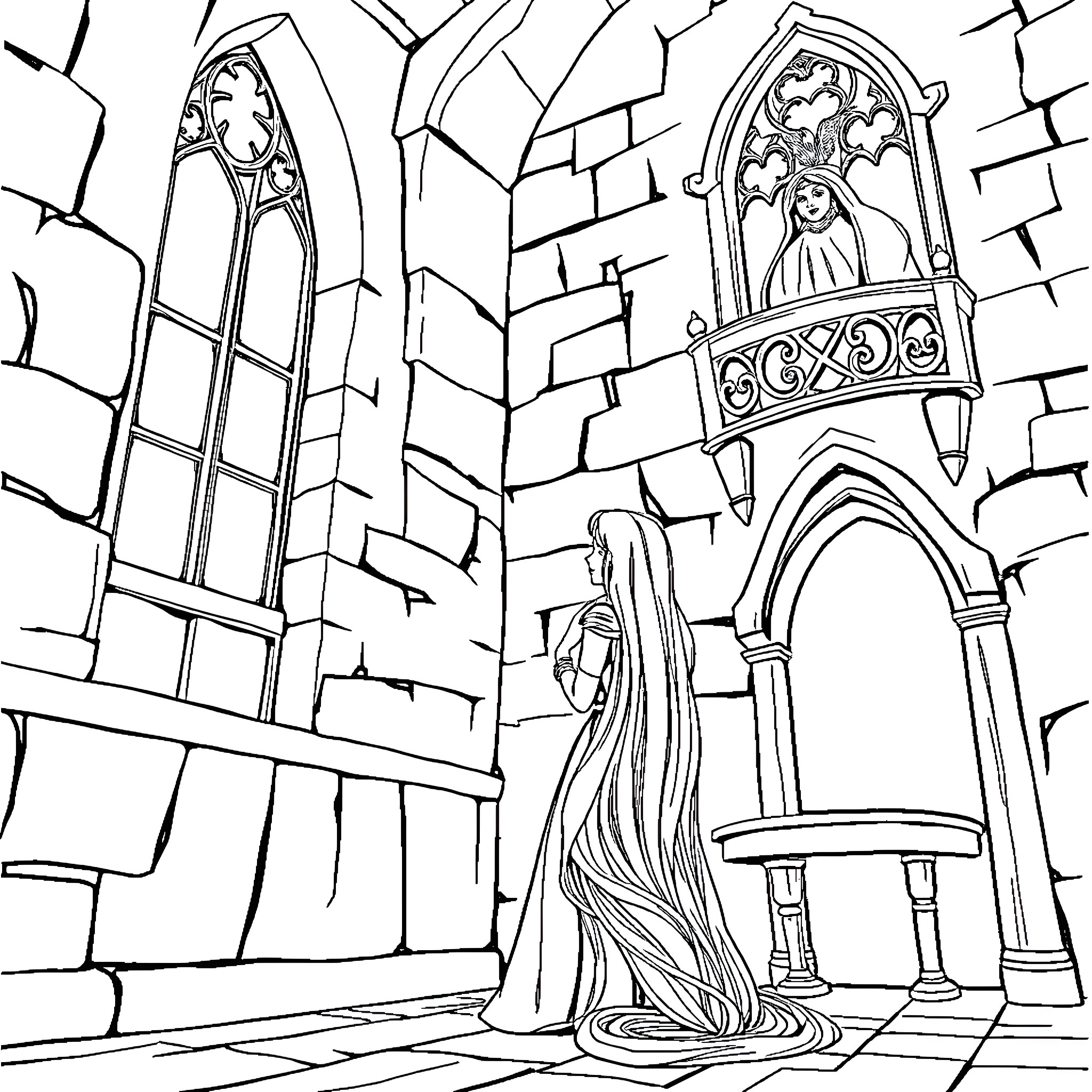 Rapunzel in the castle tower Coloring Page (free black-and-white line drawing printable PDF for all, from beginners to advanced learners, including children, teens, adults, and seniors)