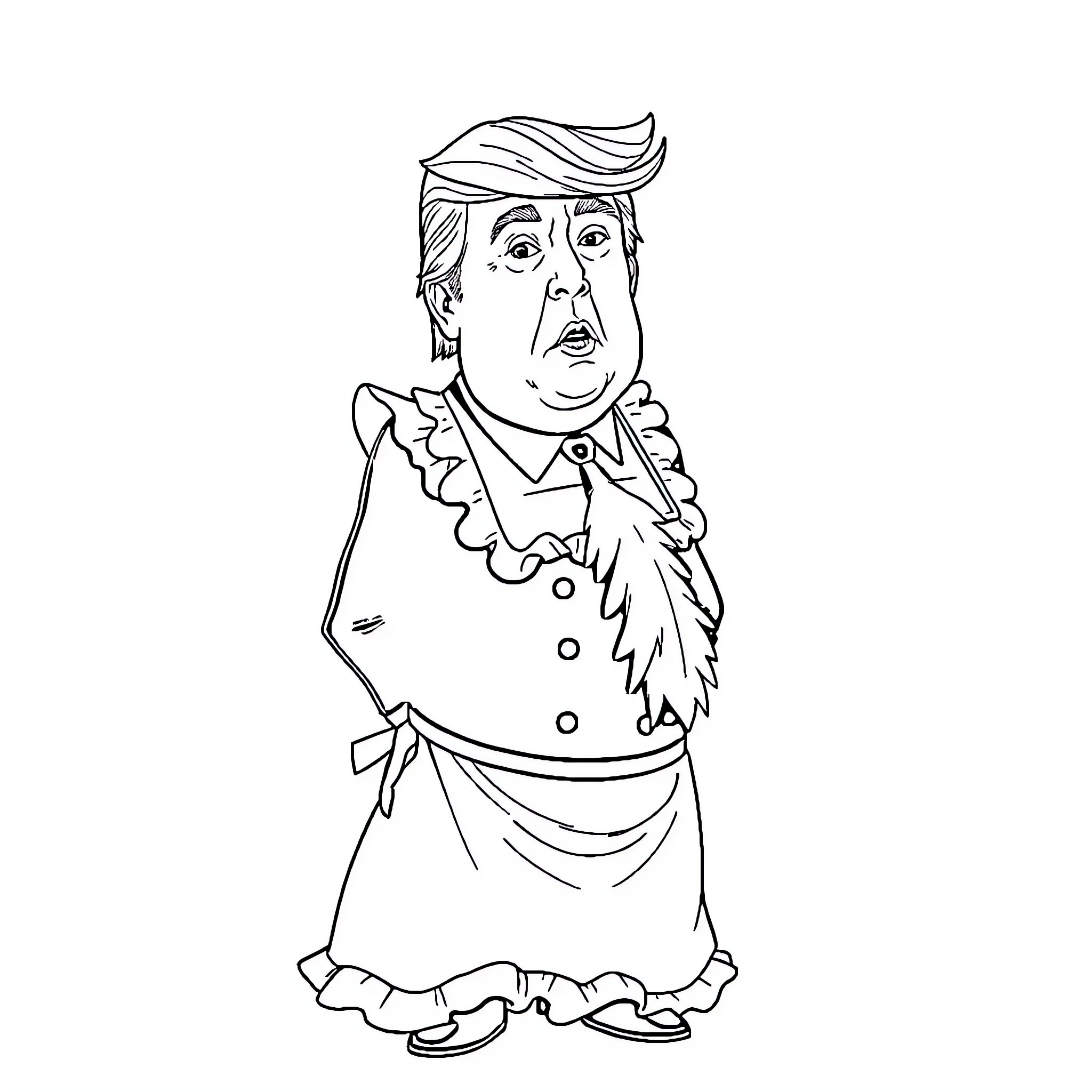 Donald Trump in Formal Attire with Exaggerated Gestures Coloring Page (free black-and-white line drawing printable PDF for all, from beginners to advanced learners, including children, teens, adults, and seniors)