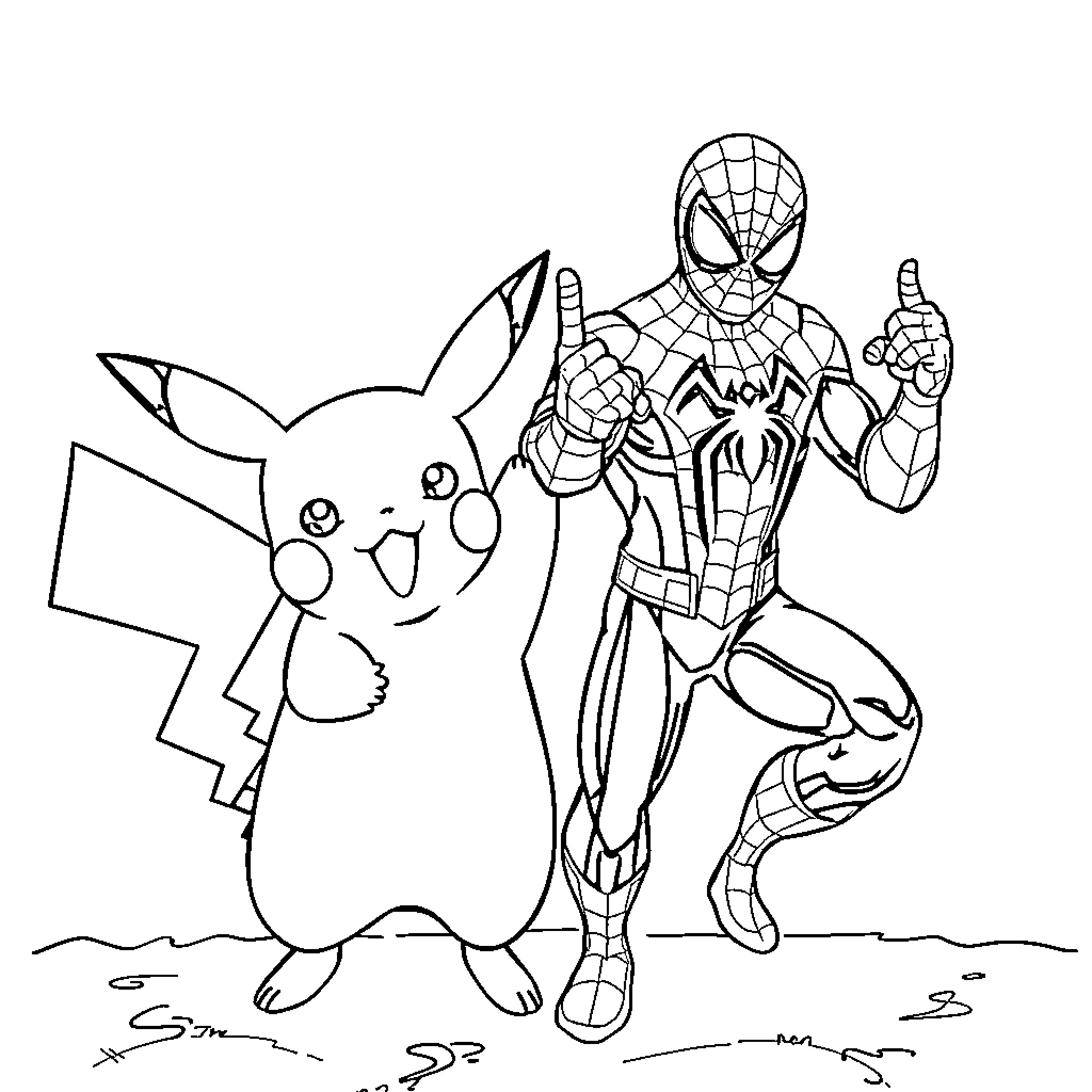 Pikachu and Spider-Man team up for an adventure Coloring Page (free black-and-white line drawing printable PDF for all, from beginners to advanced learners, including children, teens, adults, and seniors)