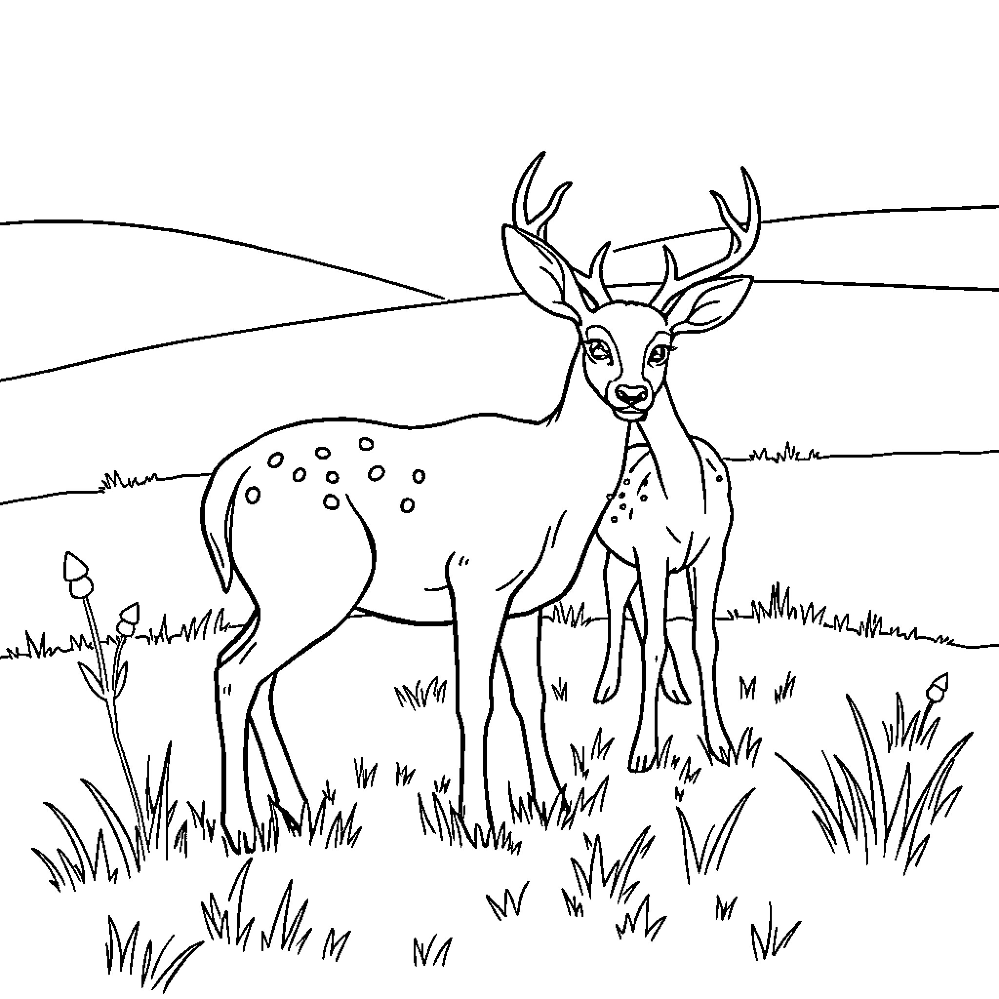 Deer standing alert in the wilderness Coloring Page (free black-and-white line drawing printable PDF for all, from beginners to advanced learners, including children, teens, adults, and seniors)
