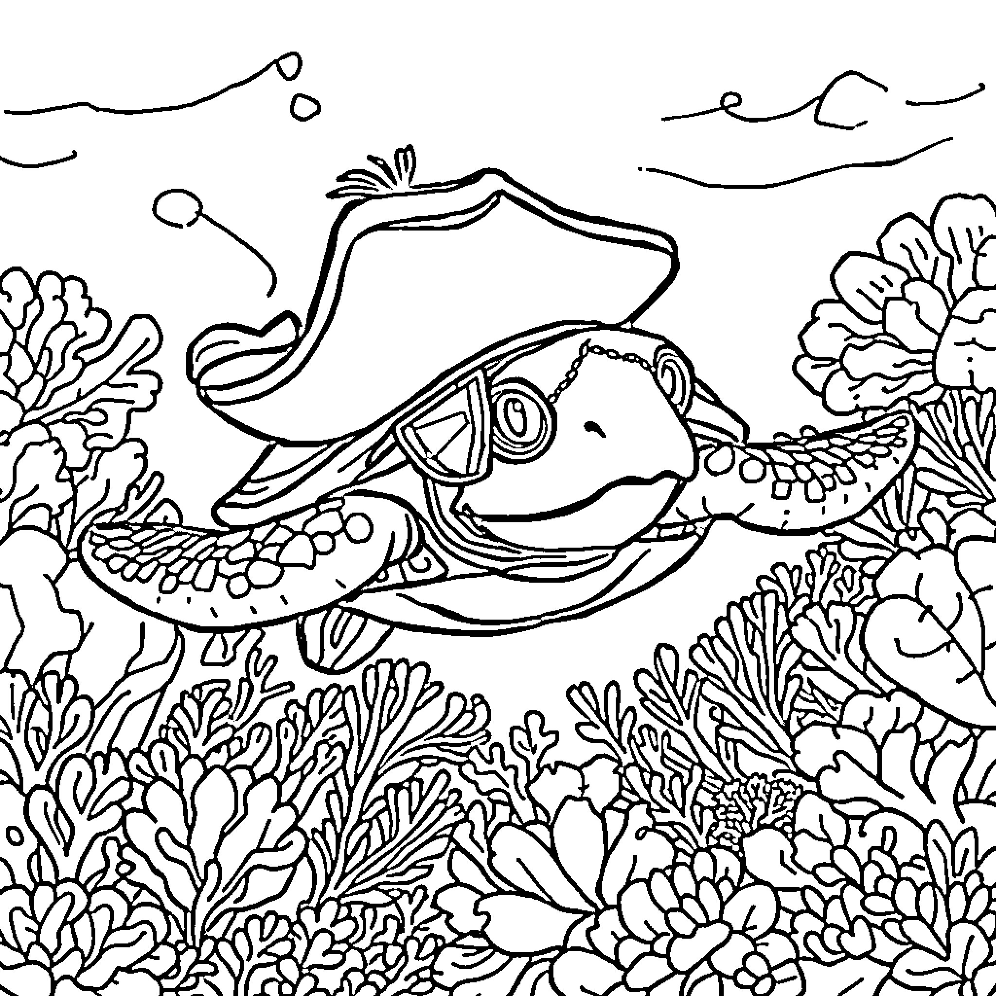 Turtle exploring an underwater coral reef Coloring Page (free black-and-white line drawing printable PDF for all, from beginners to advanced learners, including children, teens, adults, and seniors)