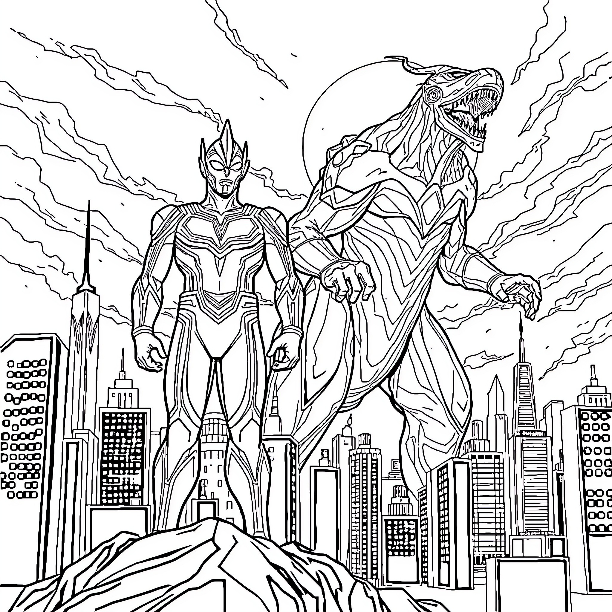 Ultraman facing a giant monster in the city Coloring Page (free black-and-white line drawing printable PDF for all, from beginners to advanced learners, including children, teens, adults, and seniors)