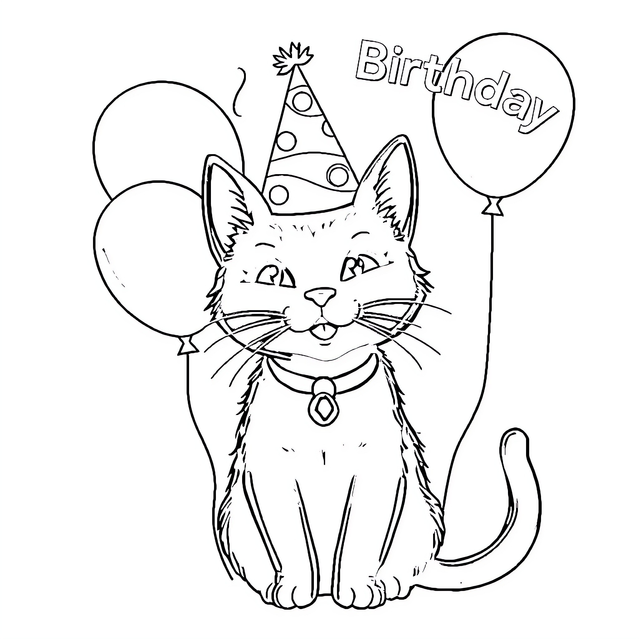 Cat celebrating birthday with balloons Coloring Page (free black-and-white line drawing printable PDF for all, from beginners to advanced learners, including children, teens, adults, and seniors)