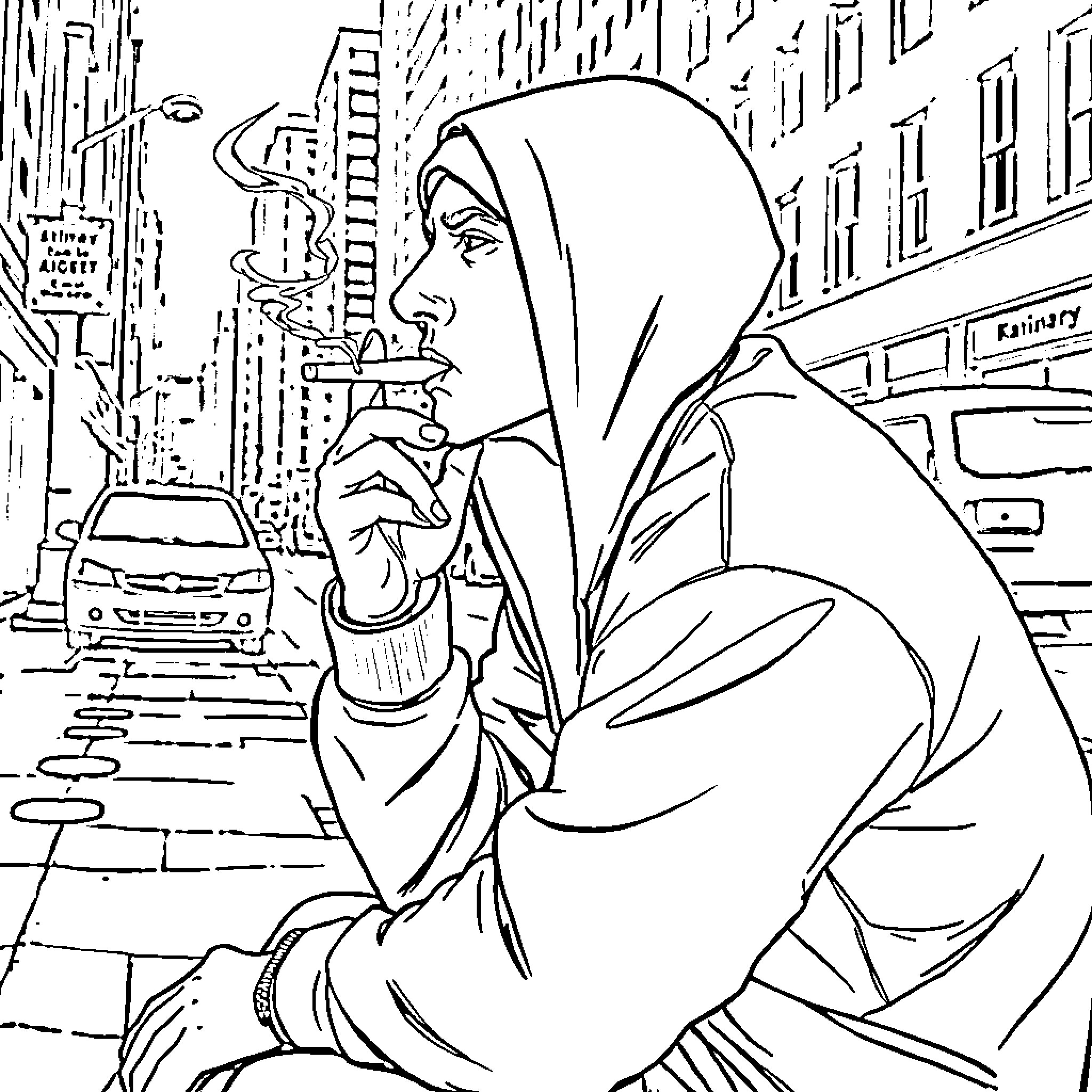 Eminem in contemplative pose on city street Coloring Page (free black-and-white line drawing printable PDF for all, from beginners to advanced learners, including children, teens, adults, and seniors)