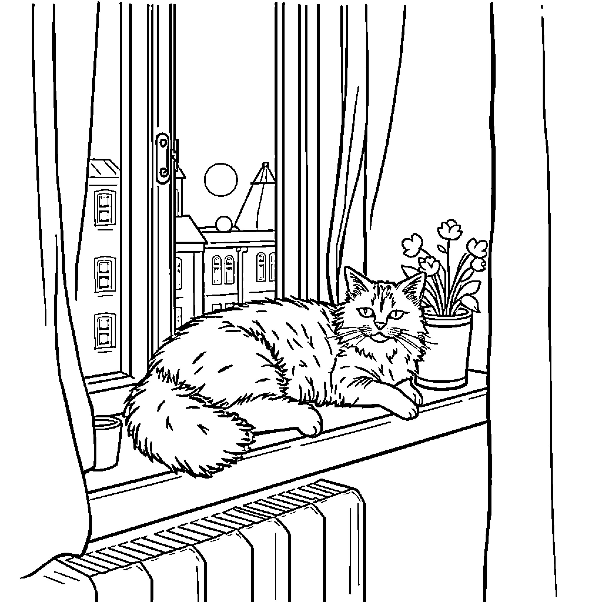 Cat lounging peacefully on window ledge Coloring Page (free black-and-white line drawing printable PDF for all, from beginners to advanced learners, including children, teens, adults, and seniors)