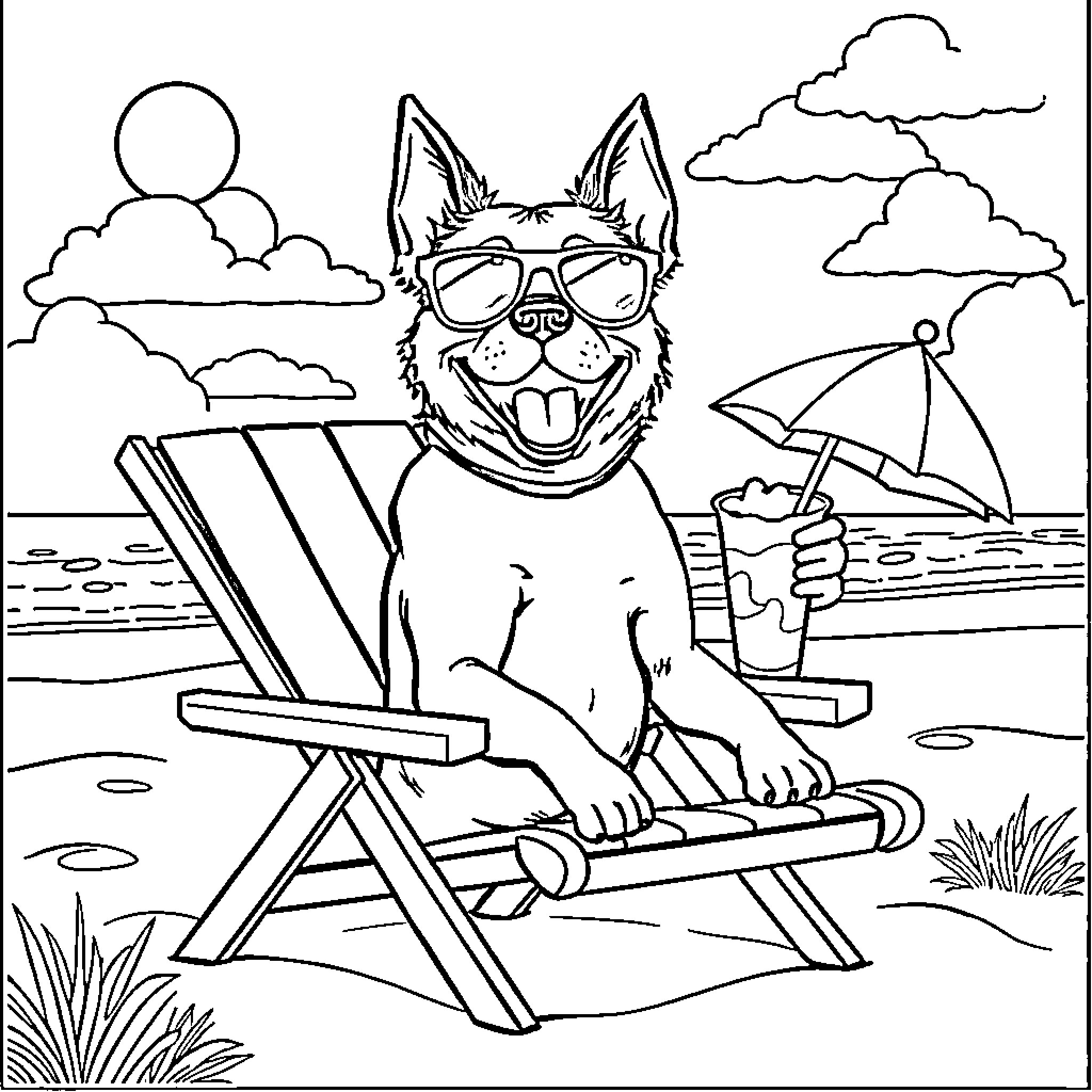 Dog relaxing on beach chair at the seaside Coloring Page (free black-and-white line drawing printable PDF for all, from beginners to advanced learners, including children, teens, adults, and seniors)