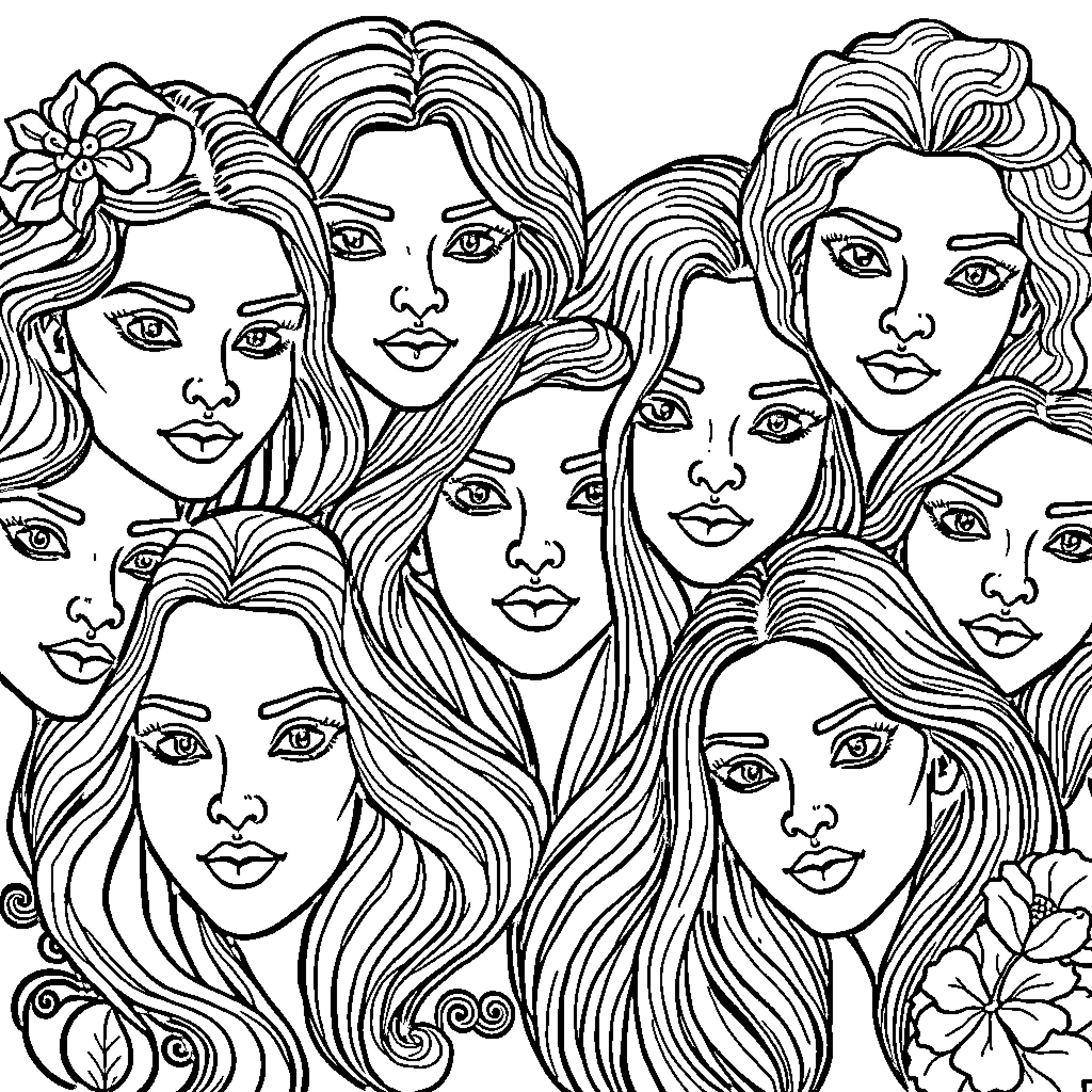 Face of Artistic Expressions and Flowing Hair Coloring Page (free black-and-white line drawing printable PDF for all, from beginners to advanced learners, including children, teens, adults, and seniors)