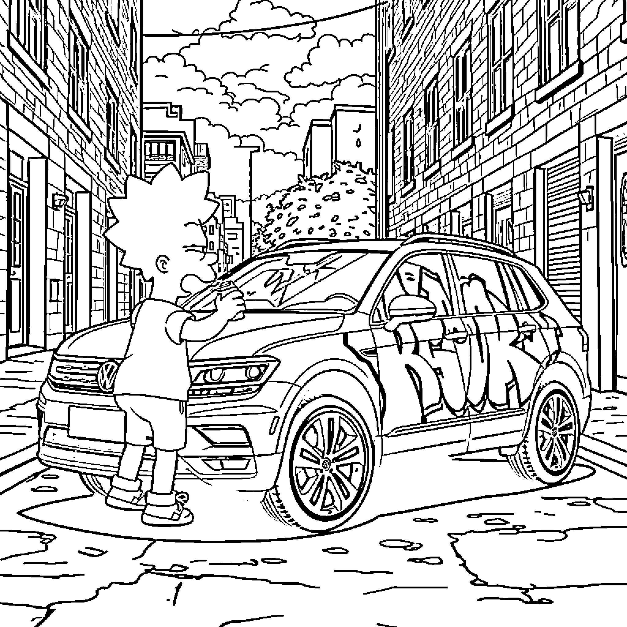 Bart Simpson rides SUV down urban street Coloring Page (free black-and-white line drawing printable PDF for all, from beginners to advanced learners, including children, teens, adults, and seniors)