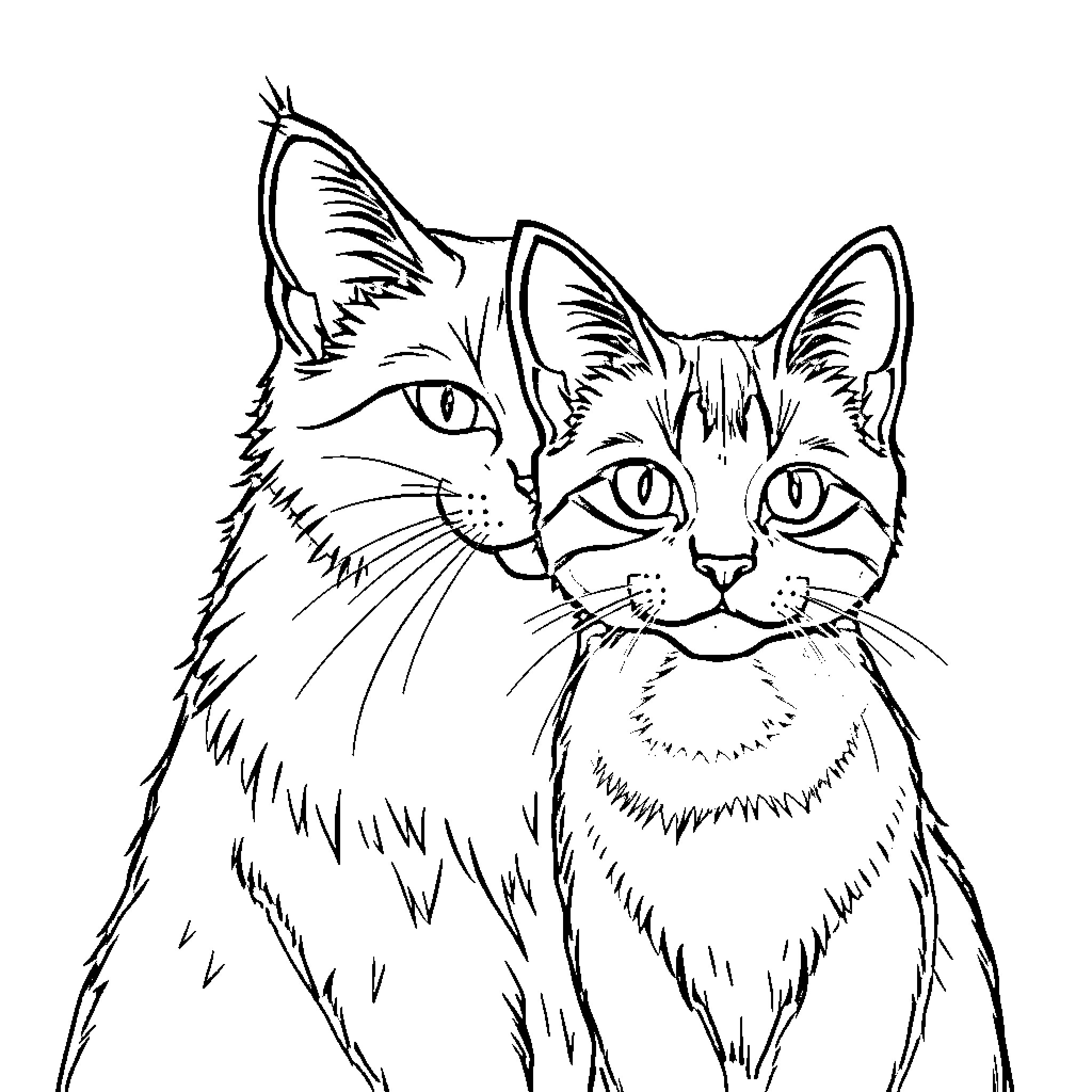 Cat duo staring intently at the viewer Coloring Page (free black-and-white line drawing printable PDF for all, from beginners to advanced learners, including children, teens, adults, and seniors)