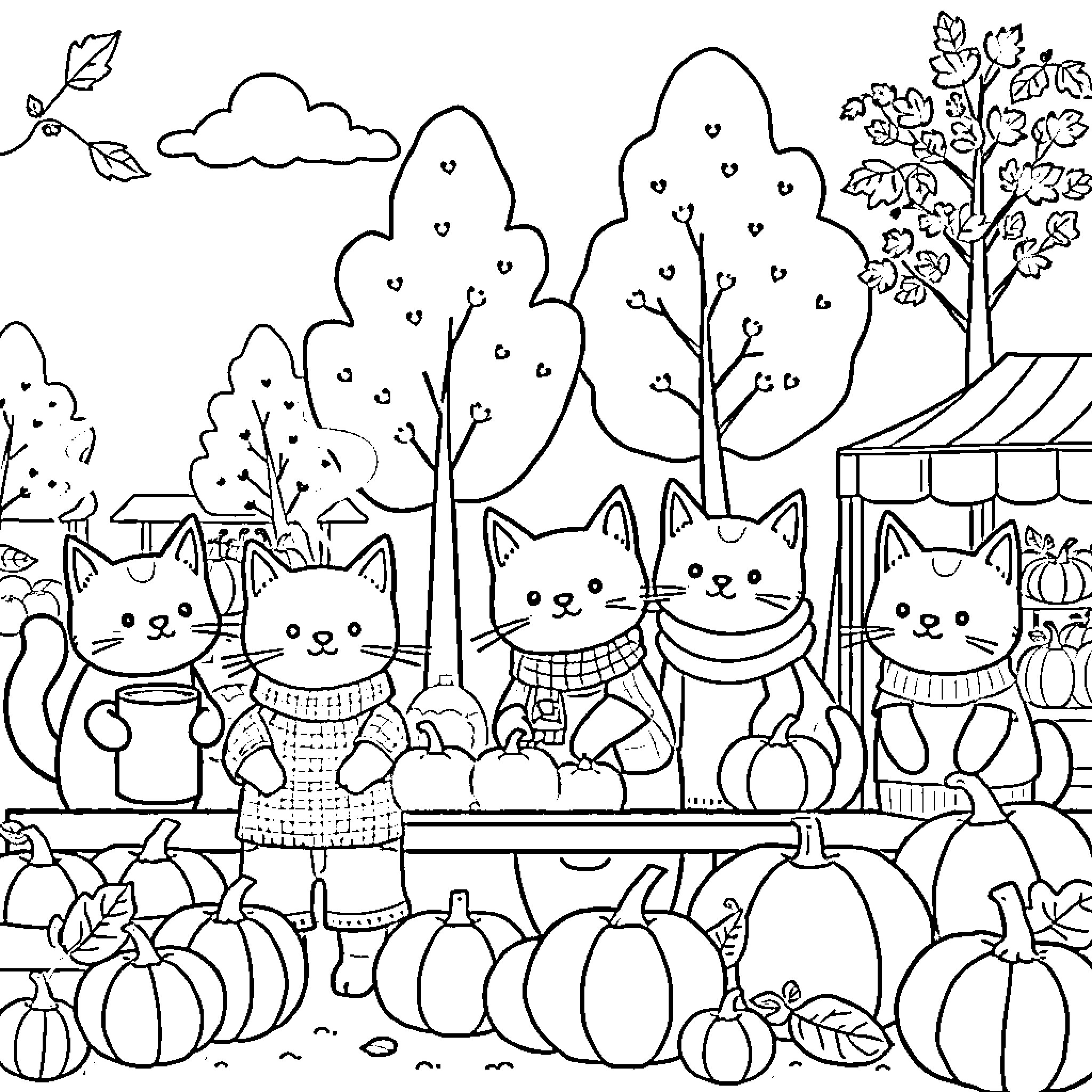 Cat Friends Enjoying Autumn Scenery Coloring Page (free black-and-white line drawing printable PDF for all, from beginners to advanced learners, including children, teens, adults, and seniors)