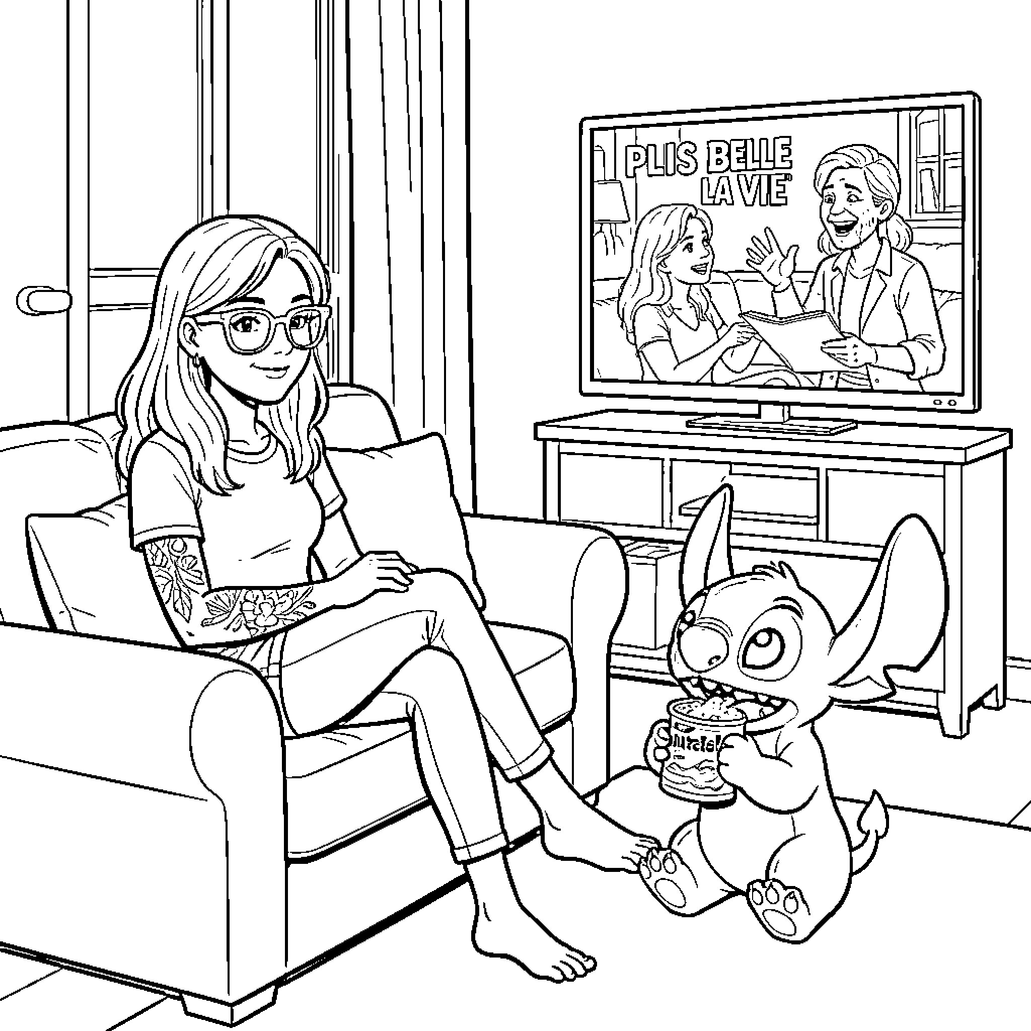 Woman enjoying TV show with her pet Coloring Page (free black-and-white line drawing printable PDF for all, from beginners to advanced learners, including children, teens, adults, and seniors)