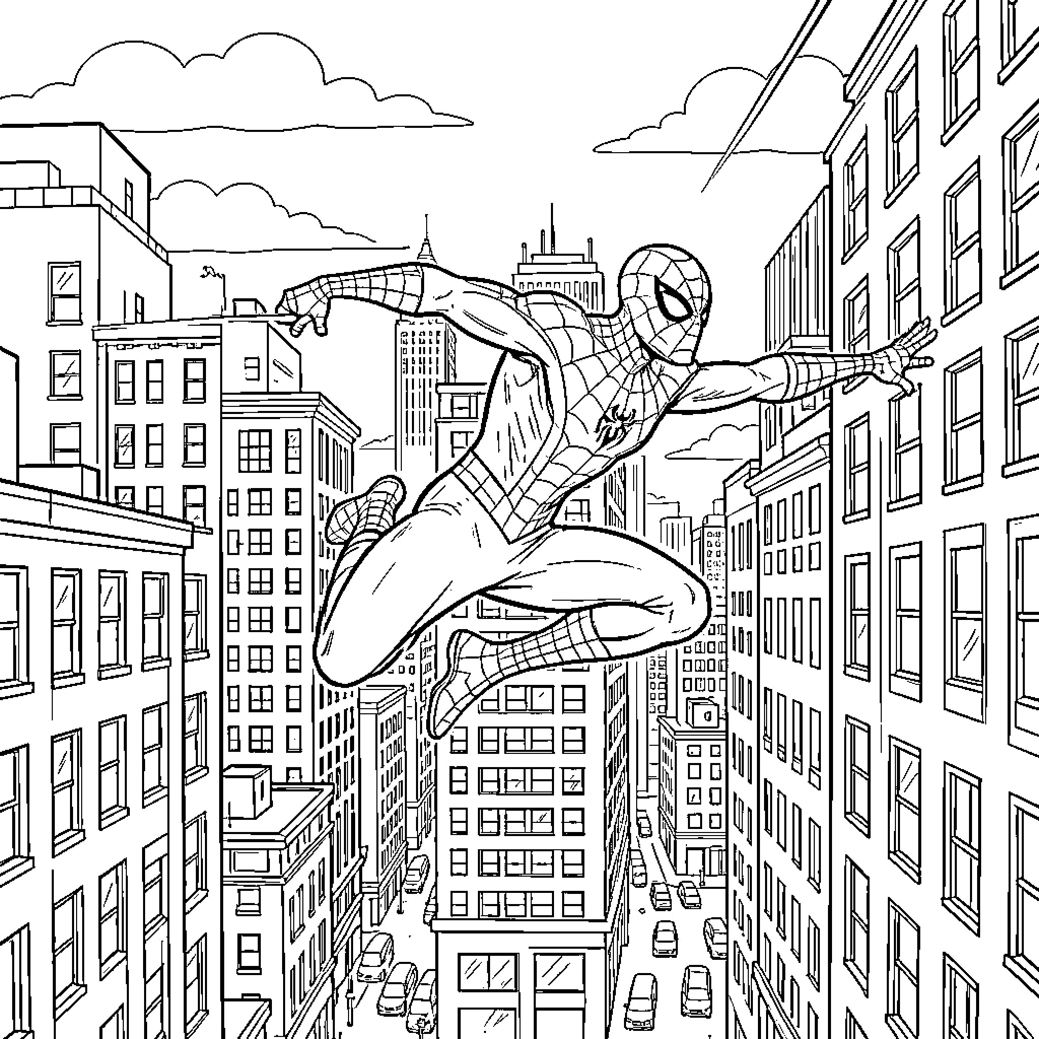 Spiderman leaping dynamically between tall city buildings Coloring Page (free black-and-white line drawing printable PDF for all, from beginners to advanced learners, including children, teens, adults, and seniors)