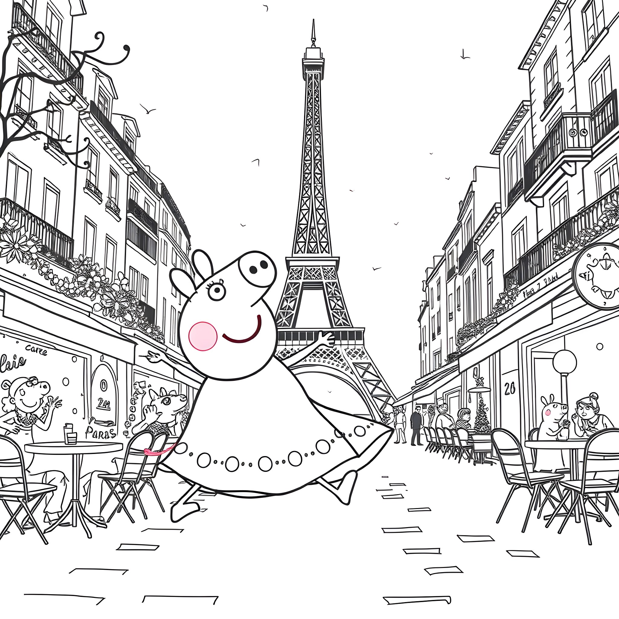 Peppa Pig explores the lively streets of Paris Coloring Page (free black-and-white line drawing printable PDF for all, from beginners to advanced learners, including children, teens, adults, and seniors)