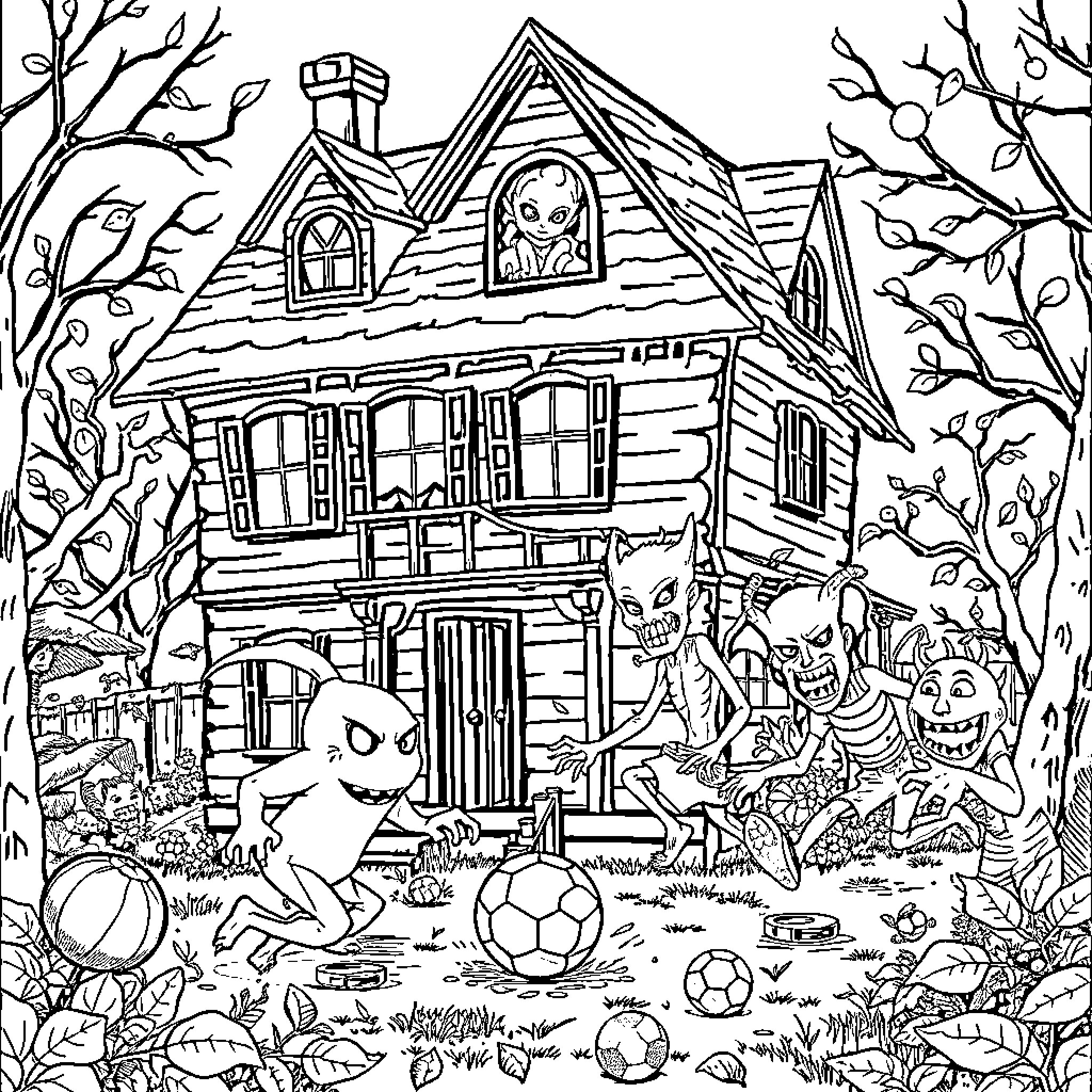 Casa of Spooky Characters and Playful Scenes Coloring Page (free black-and-white line drawing printable PDF for all, from beginners to advanced learners, including children, teens, adults, and seniors)