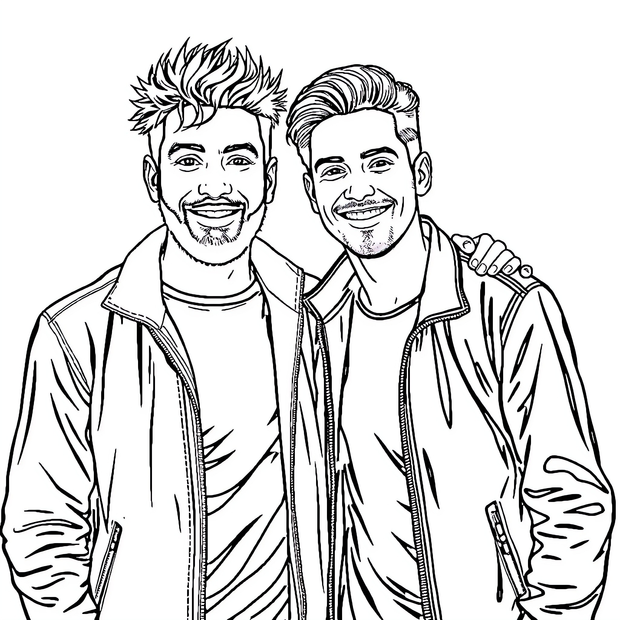 M3gan: Two Smiling Friends with Stylish Outfits Coloring Page (free black-and-white line drawing printable PDF for all, from beginners to advanced learners, including children, teens, adults, and seniors)