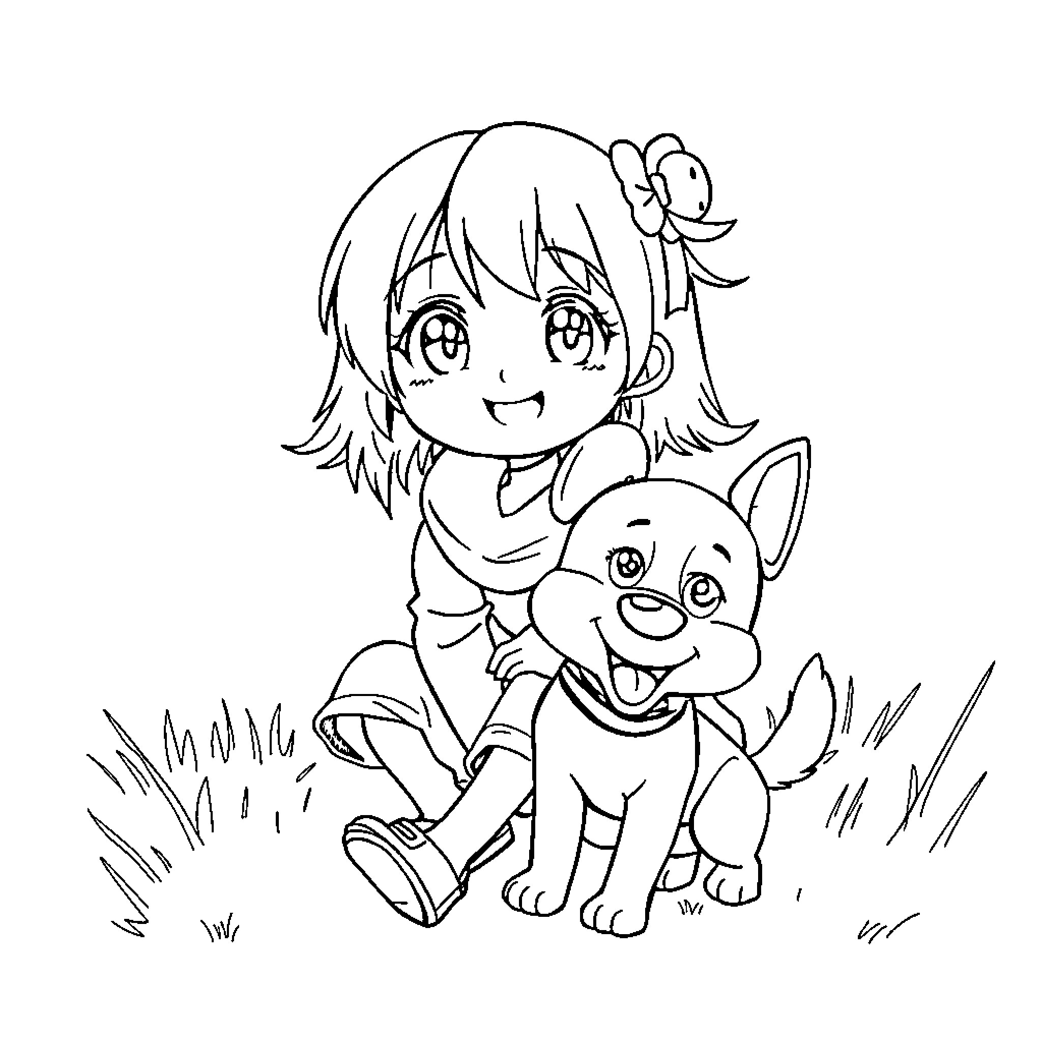 Girl and her playful puppy in the meadow Coloring Page (free black-and-white line drawing printable PDF for all, from beginners to advanced learners, including children, teens, adults, and seniors)