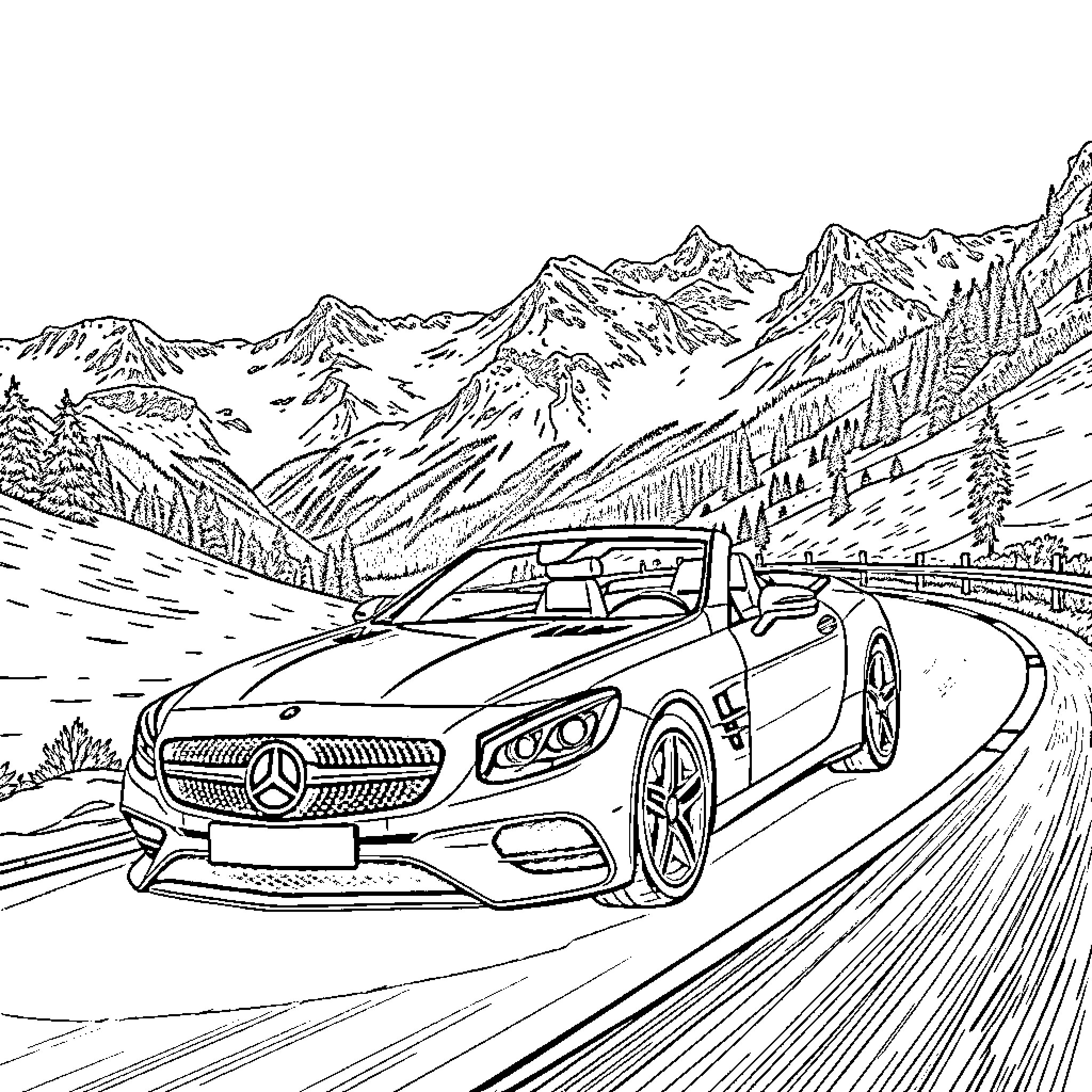 Mercedes-Benz Sports Car Driving Through Mountain Roads Coloring Page (free black-and-white line drawing printable PDF for all, from beginners to advanced learners, including children, teens, adults, and seniors)