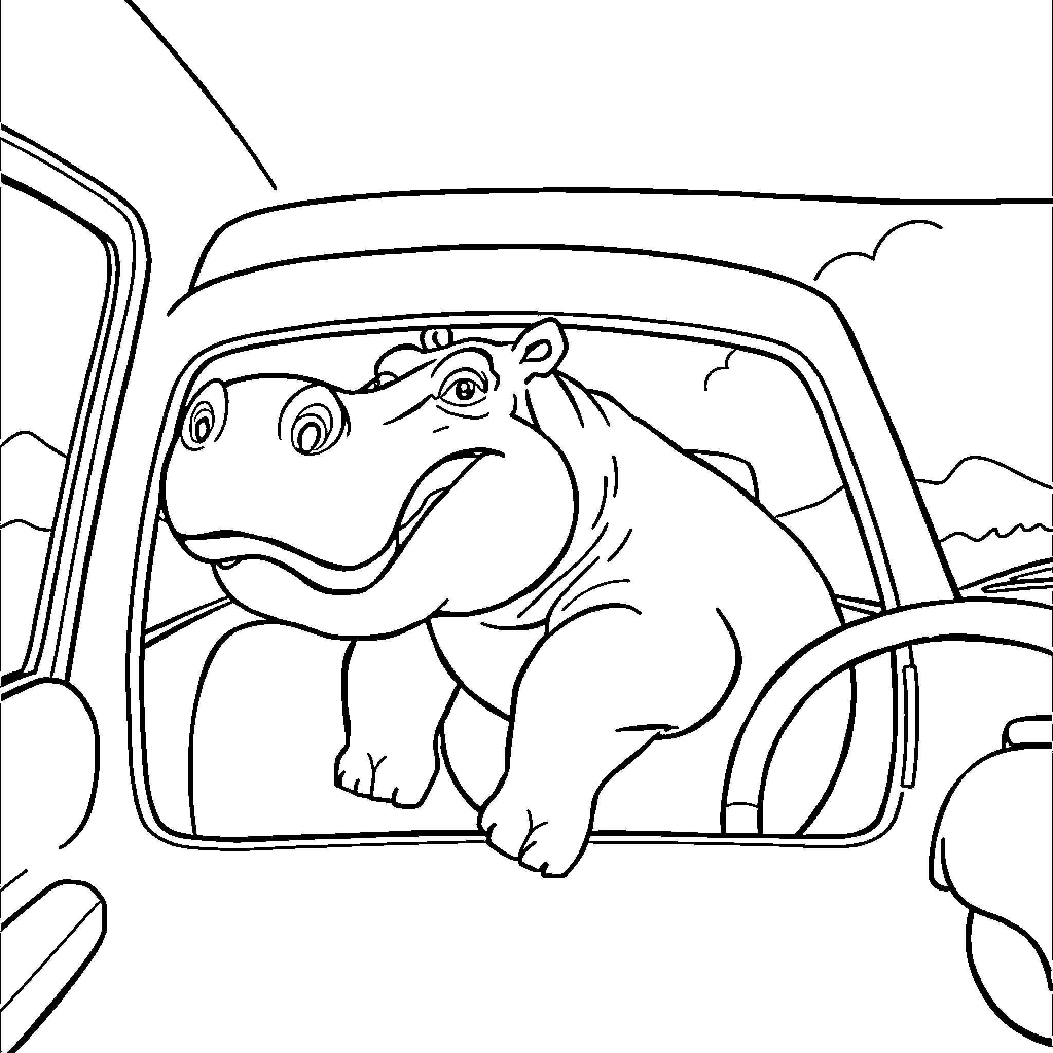 Hippopotamus driving a car on the open road Coloring Page (free black-and-white line drawing printable PDF for all, from beginners to advanced learners, including children, teens, adults, and seniors)