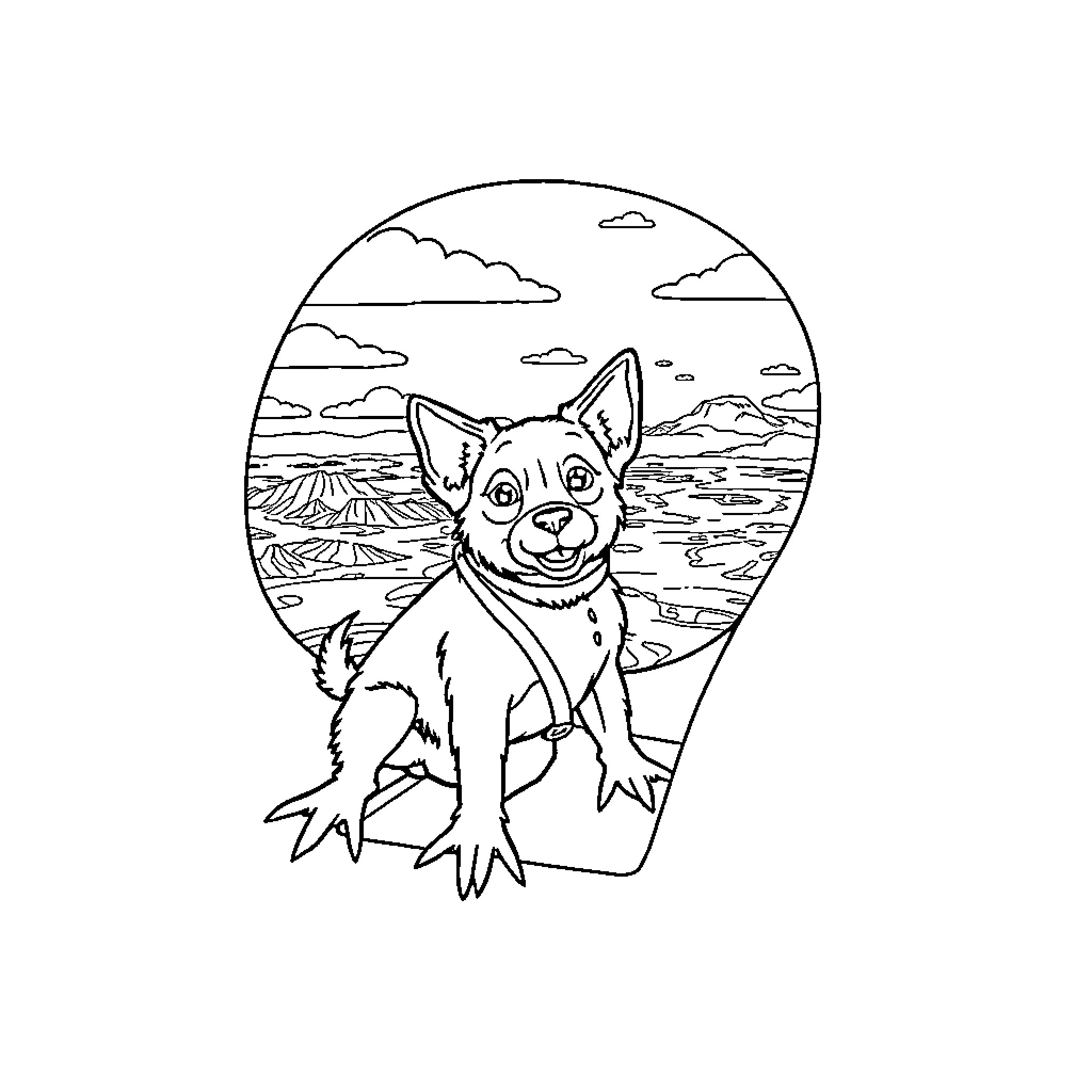 Dog enjoying the mountain scenery Coloring Page (free black-and-white line drawing printable PDF for all, from beginners to advanced learners, including children, teens, adults, and seniors)