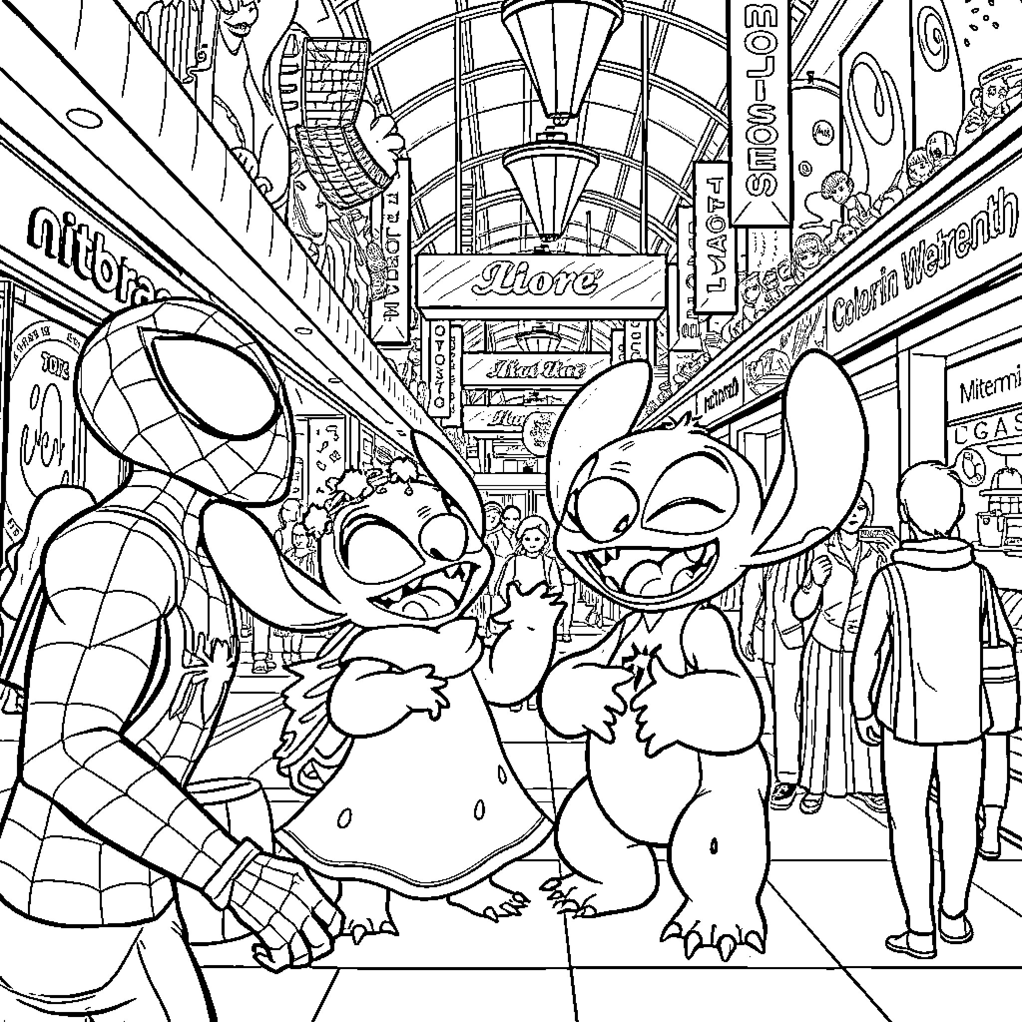Lilo and Stitch explore the busy city marketplace Coloring Page (free black-and-white line drawing printable PDF for all, from beginners to advanced learners, including children, teens, adults, and seniors)
