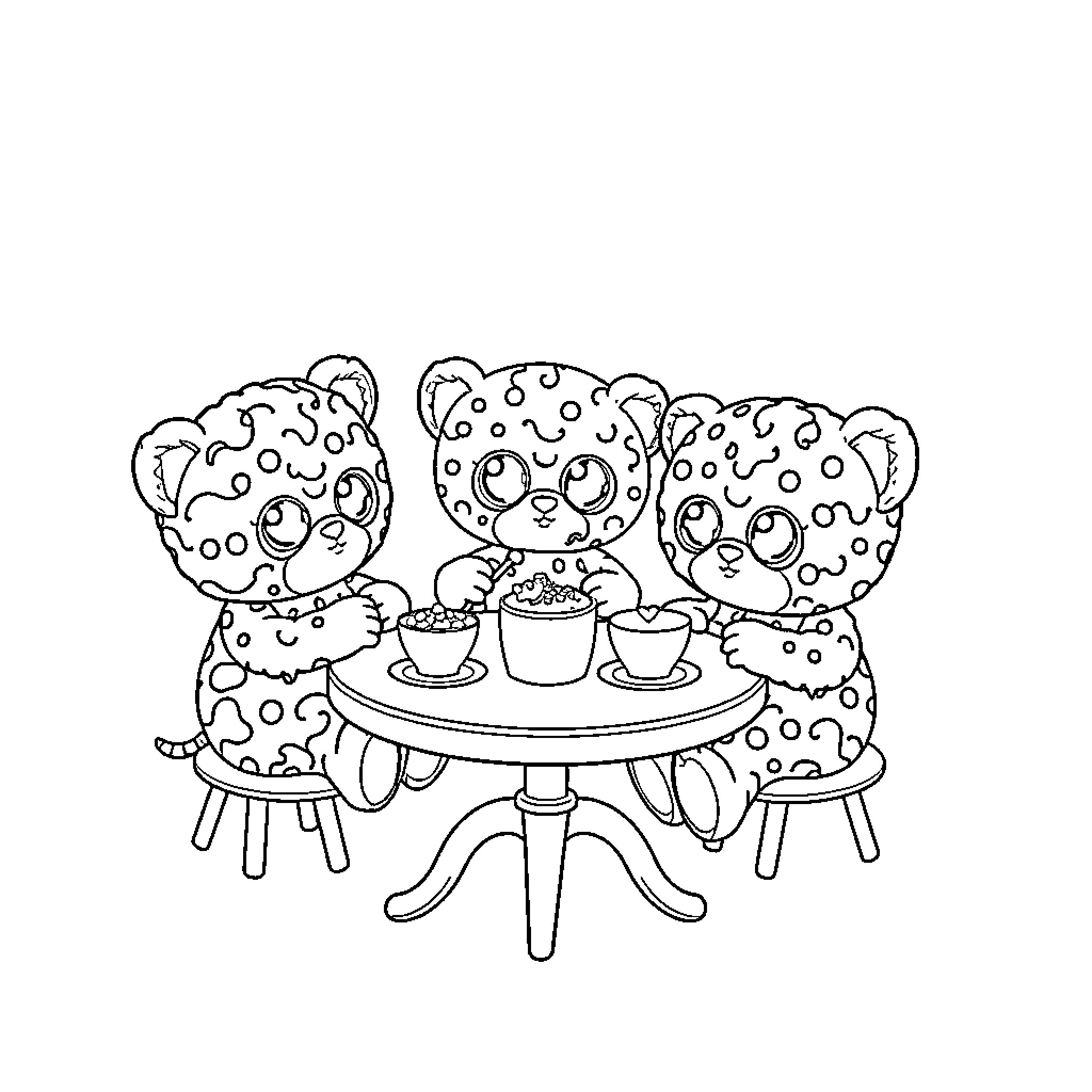 Beanie Boo friends having a tea party Coloring Page (free black-and-white line drawing printable PDF for all, from beginners to advanced learners, including children, teens, adults, and seniors)